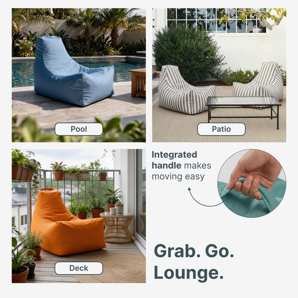 Jaxx Juniper next to a standard lounge chair showing scale and versatile placement