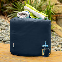 Jaxx navy pouf close-up of fabric texture and weave, showing weather-resistant finish benefit