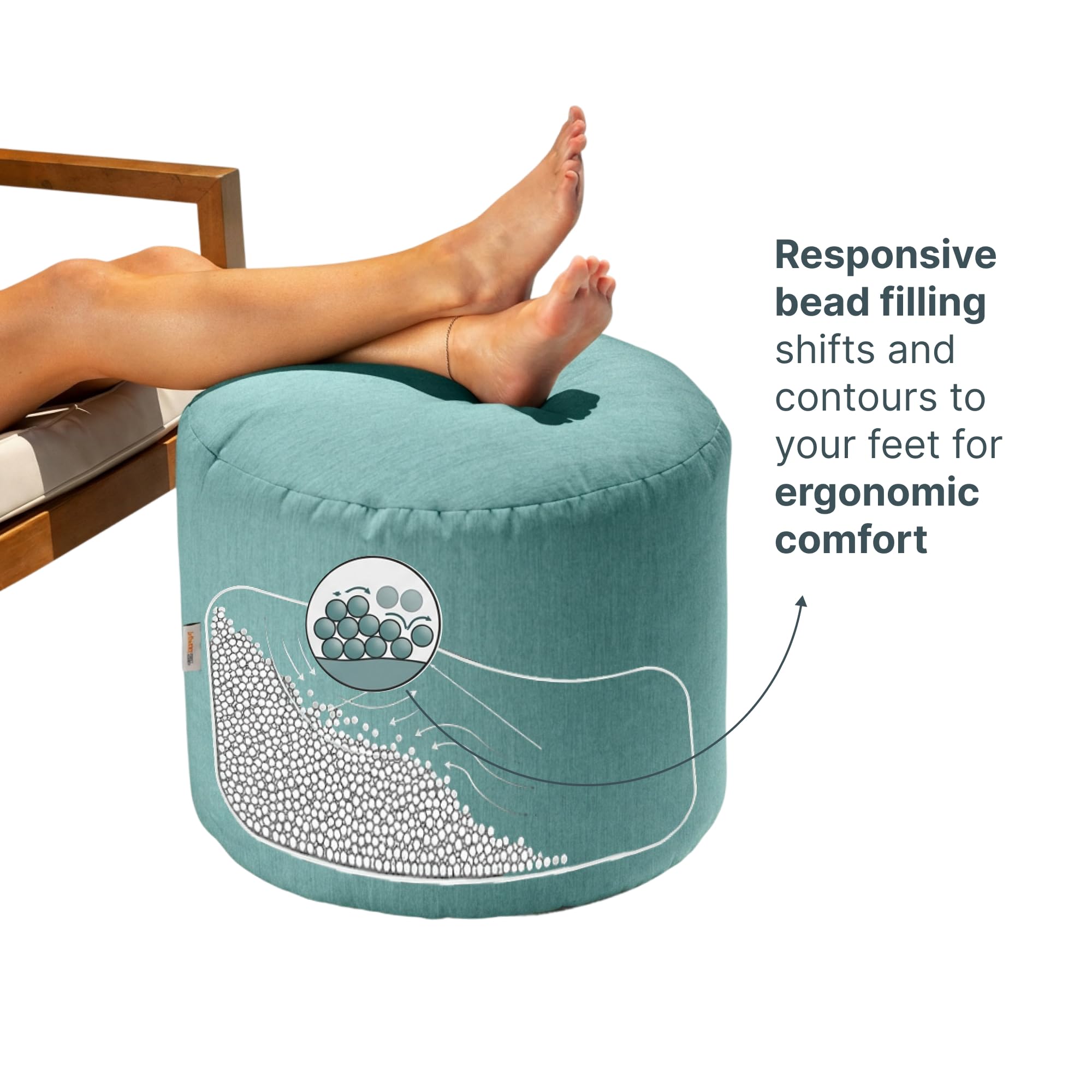 Jaxx navy pouf filled top view displaying polystyrene bead fill and comfortable cushioning benefit