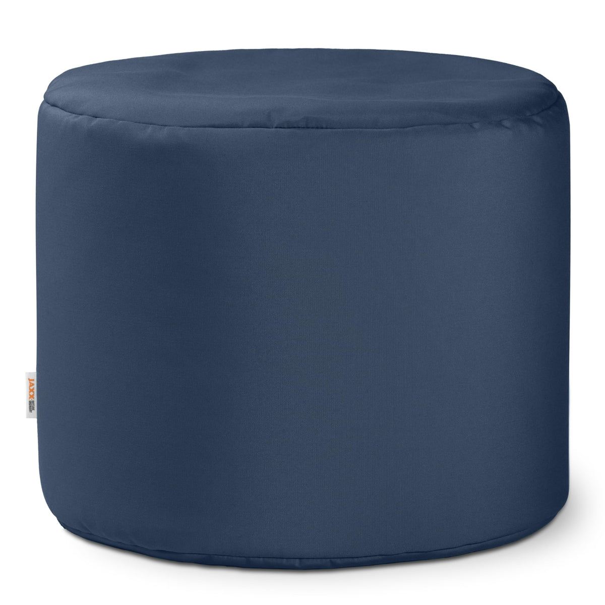 Jaxx navy pouf front view showing round ottoman and modern silhouette, useful for compact seating