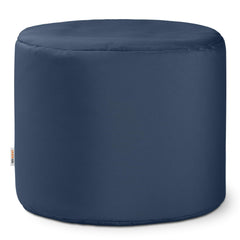 Jaxx navy pouf front view showing round ottoman and modern silhouette, useful for compact seating