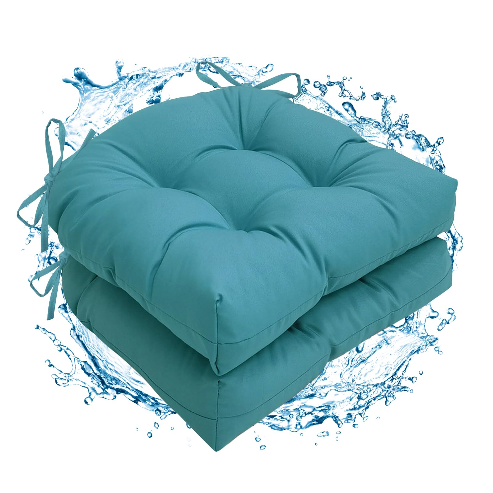 Jaysydd front view of two peacock cushions showing color and shape, enhances outdoor seating