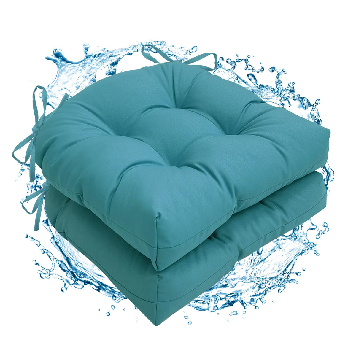 Jaysydd front view of two peacock cushions showing color and shape, enhances outdoor seating