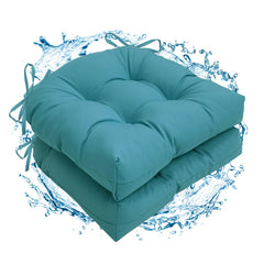 Jaysydd front view of two peacock cushions showing color and shape, enhances outdoor seating