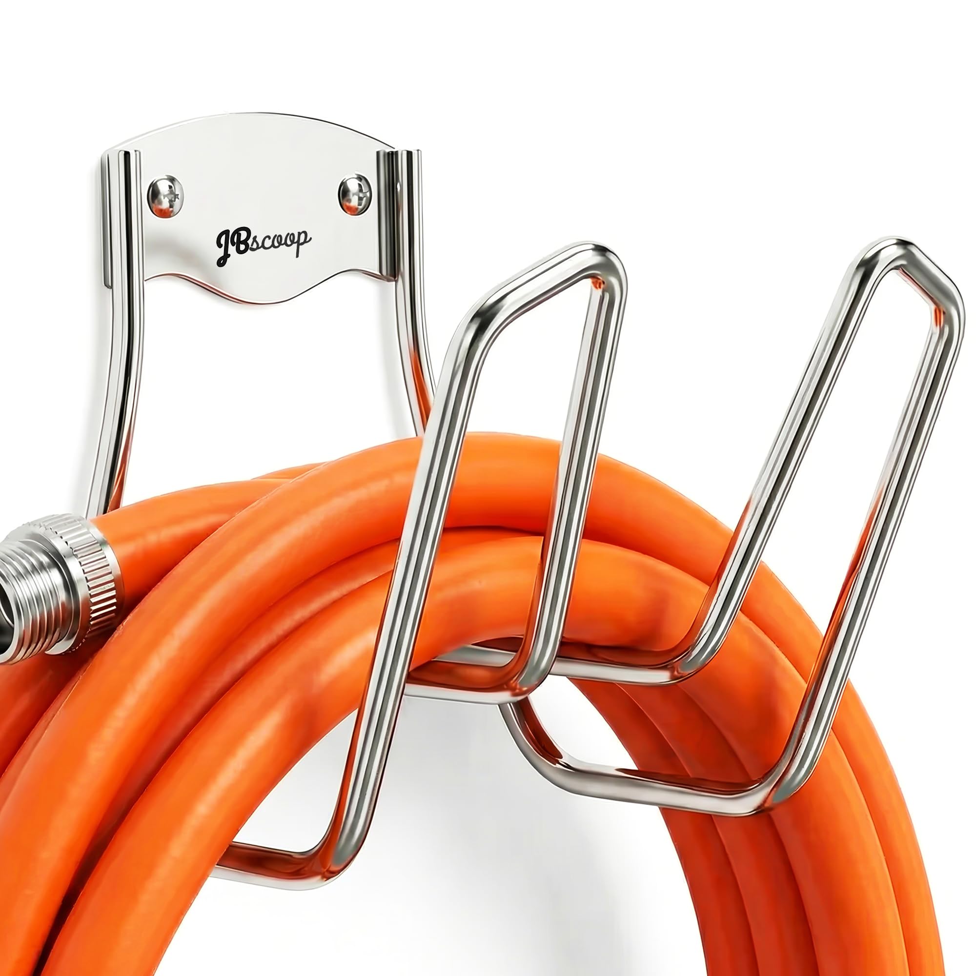 JBscoop front view of stainless steel hose holder showing sturdy loop and mount benefit