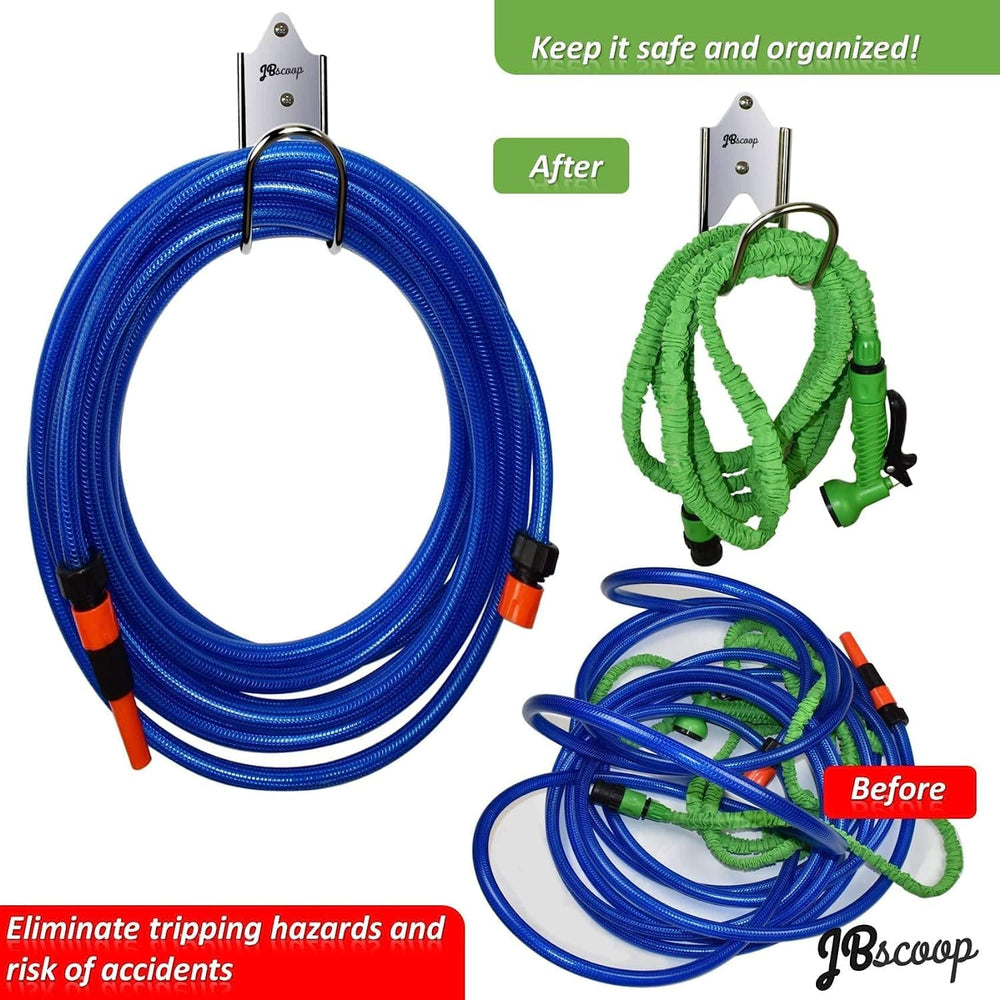 JBscoop hanger next to a coiled hose for scale to illustrate capacity and compact size