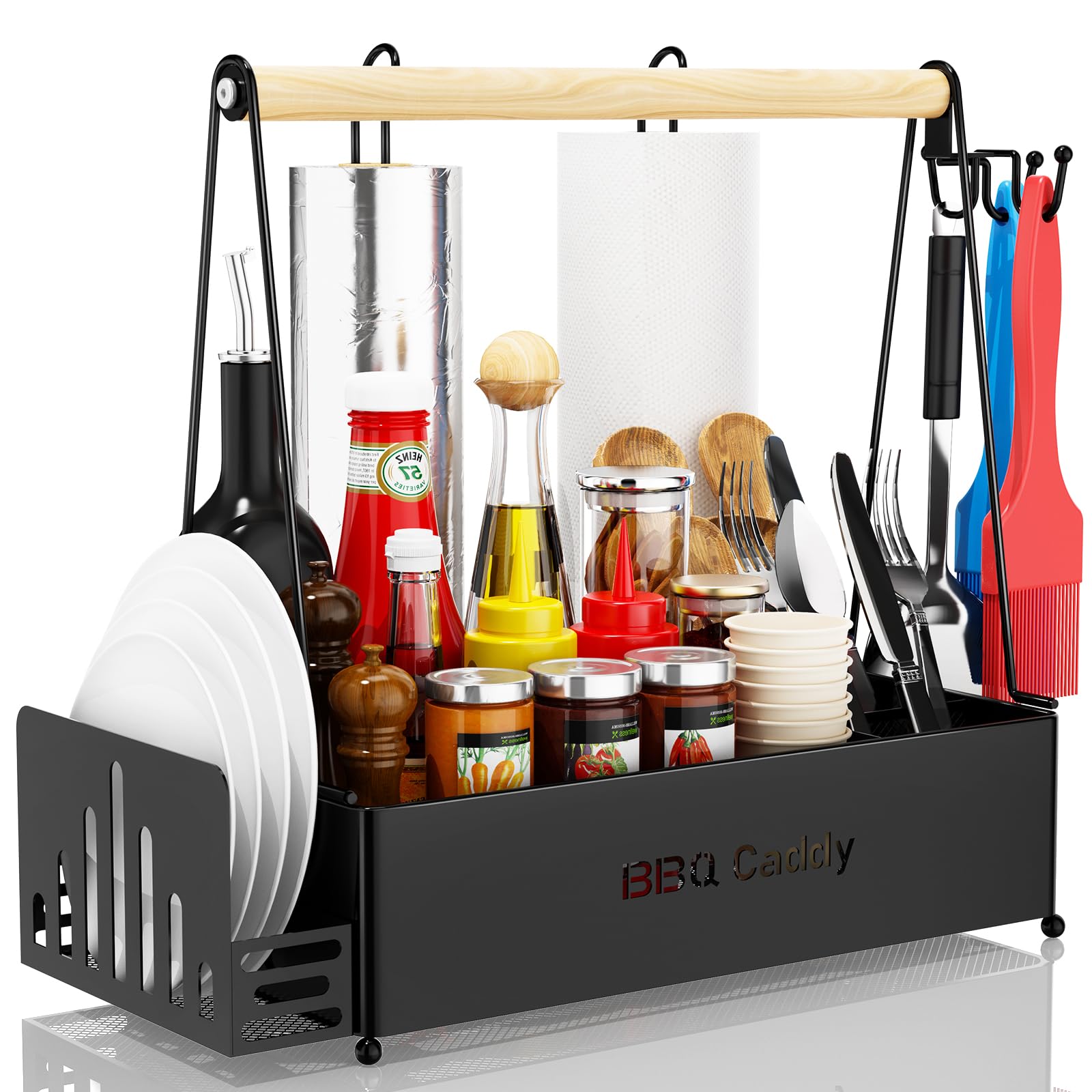 JBBTOOL grill caddy front view showing organized condiments and utensils for convenience