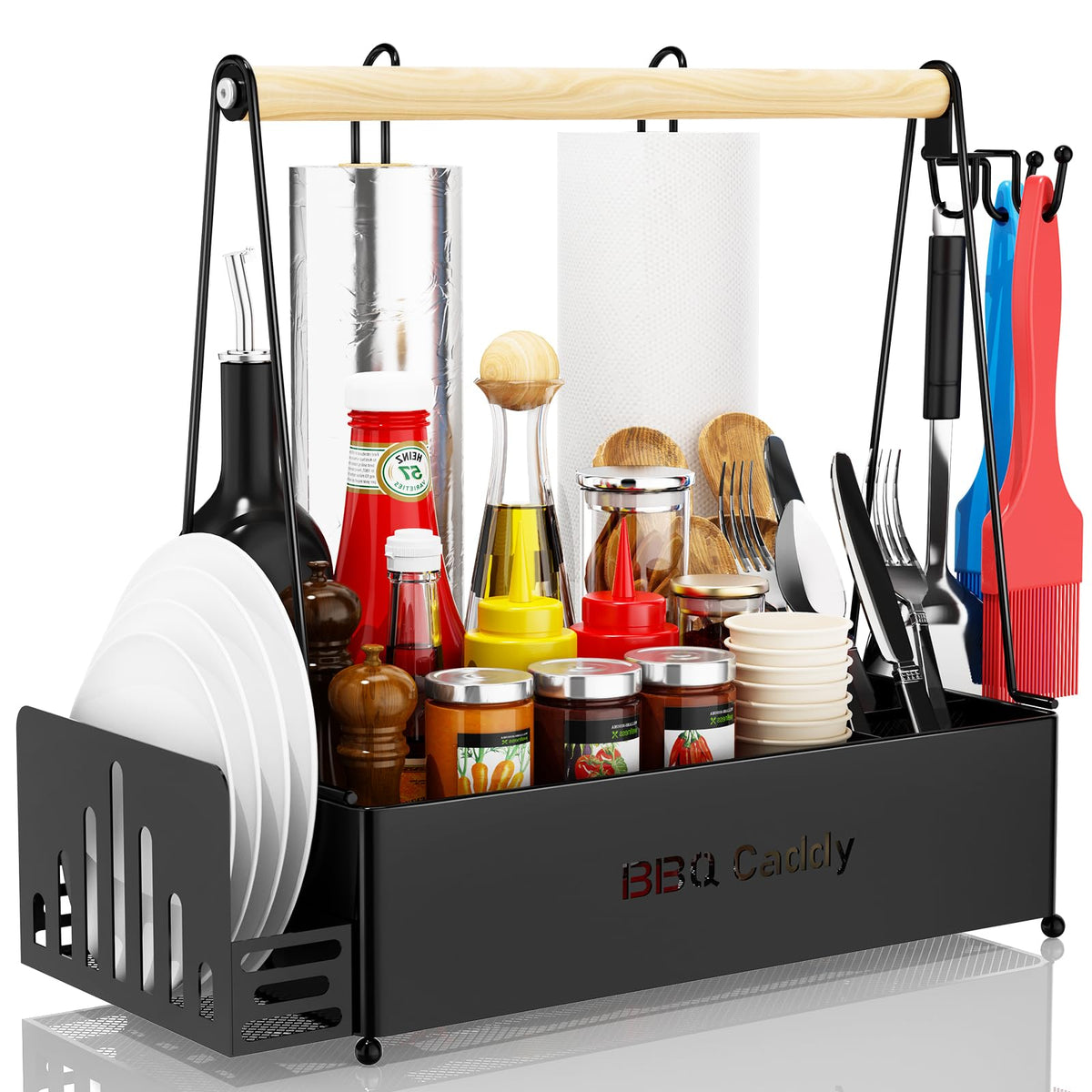 JBBTOOL grill caddy front view showing organized condiments and utensils for convenience