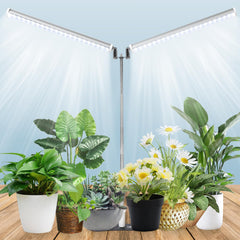 JCBritw front view of standing grow light showing dual bars and stand for even plant coverage