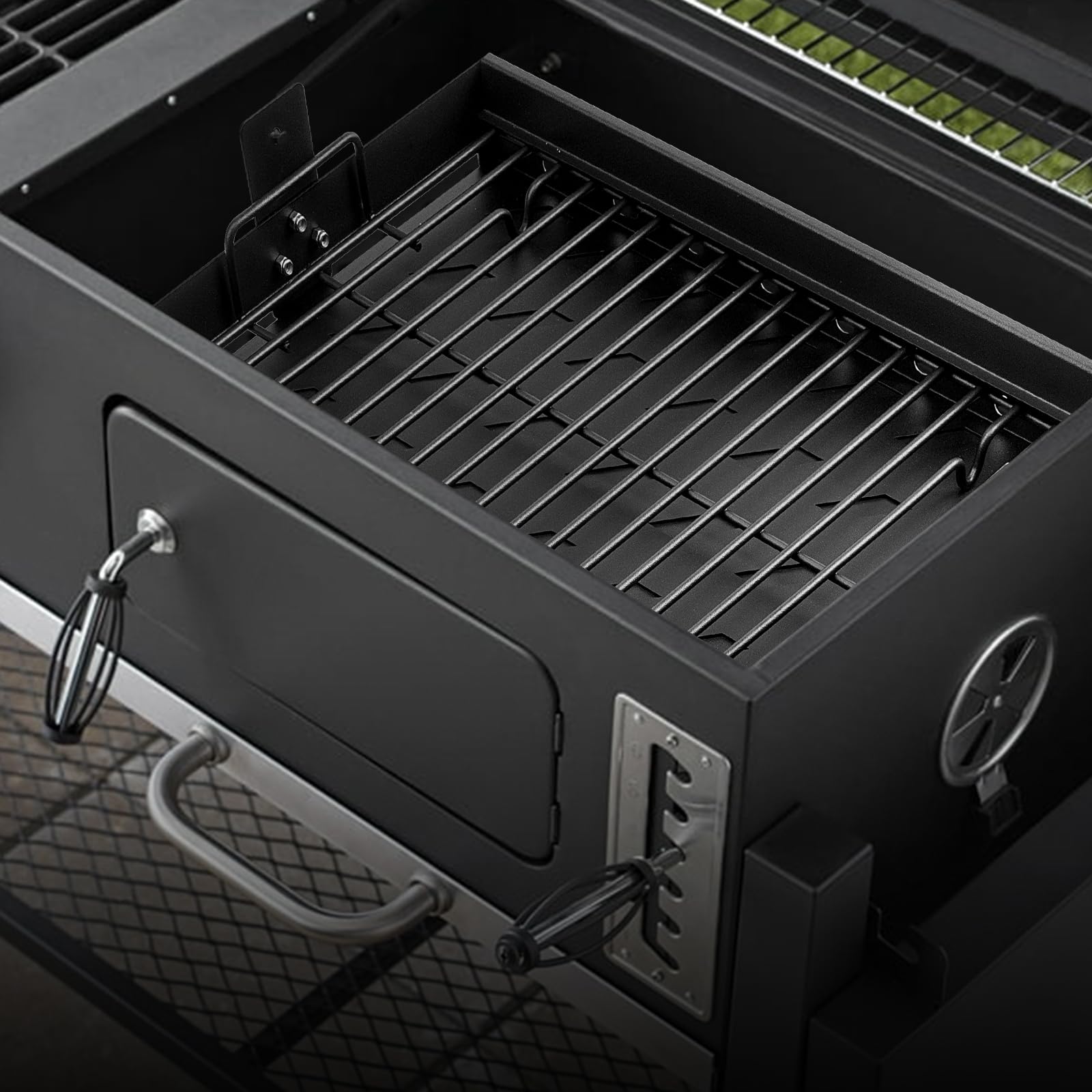 JCLMER charcoal tray in backyard smoker setup showing versatile cooking benefit