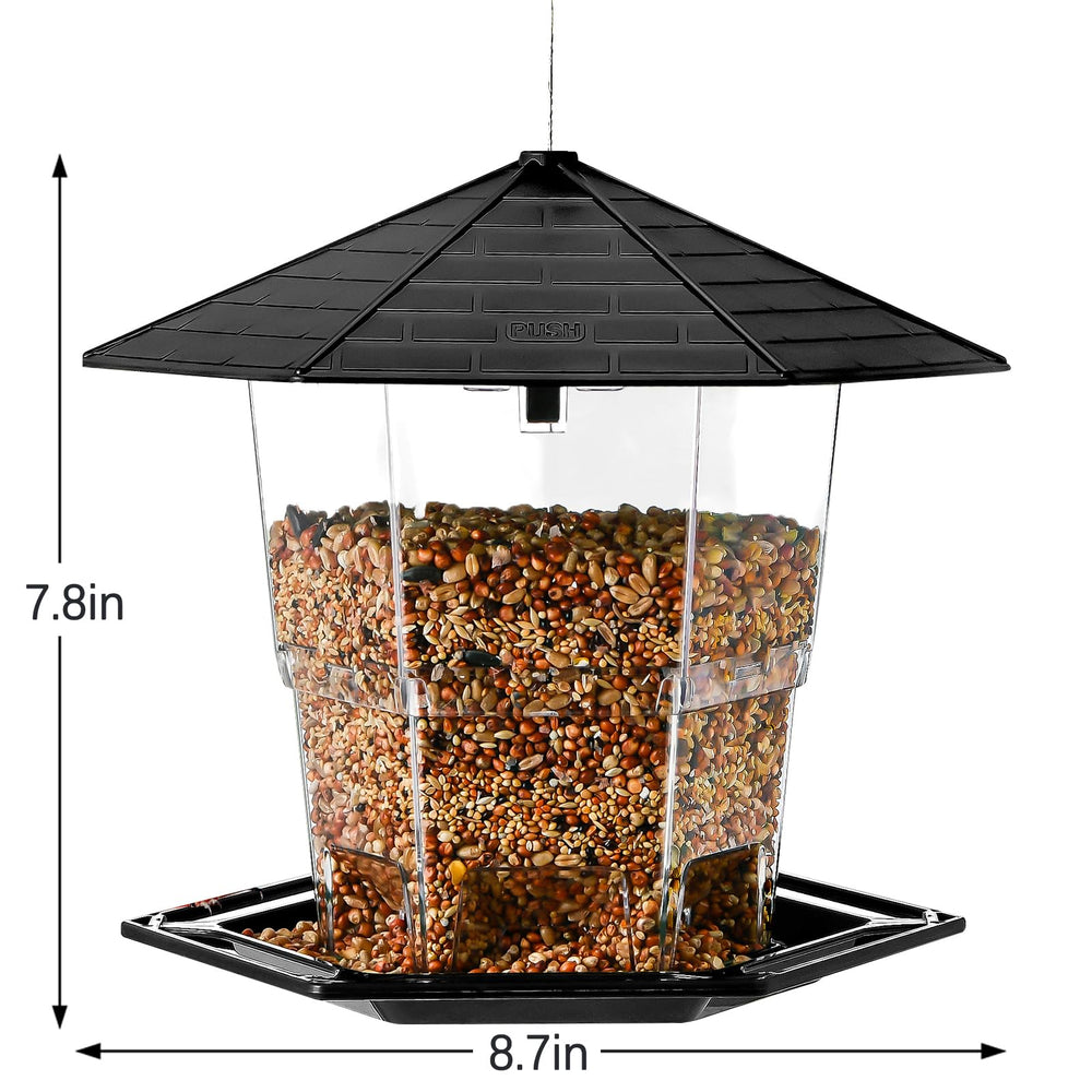 Jealoeur seed tray close-up showing steady refill for continuous bird feeding