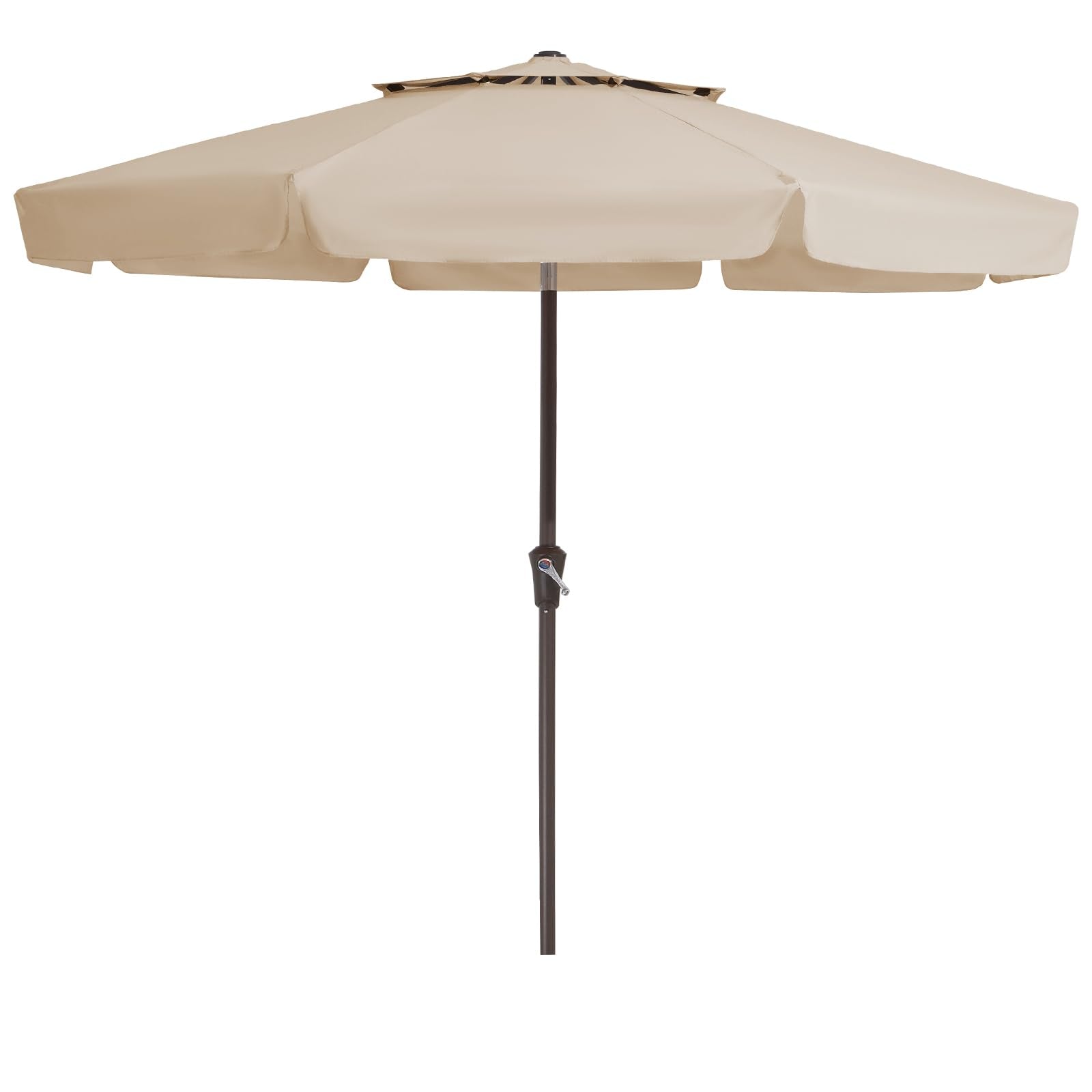 JEAREY front view of 9' patio umbrella showing full canopy and elegant beige shade benefit: broad protection