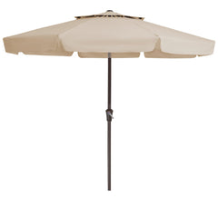 JEAREY front view of 9' patio umbrella showing full canopy and elegant beige shade benefit: broad protection