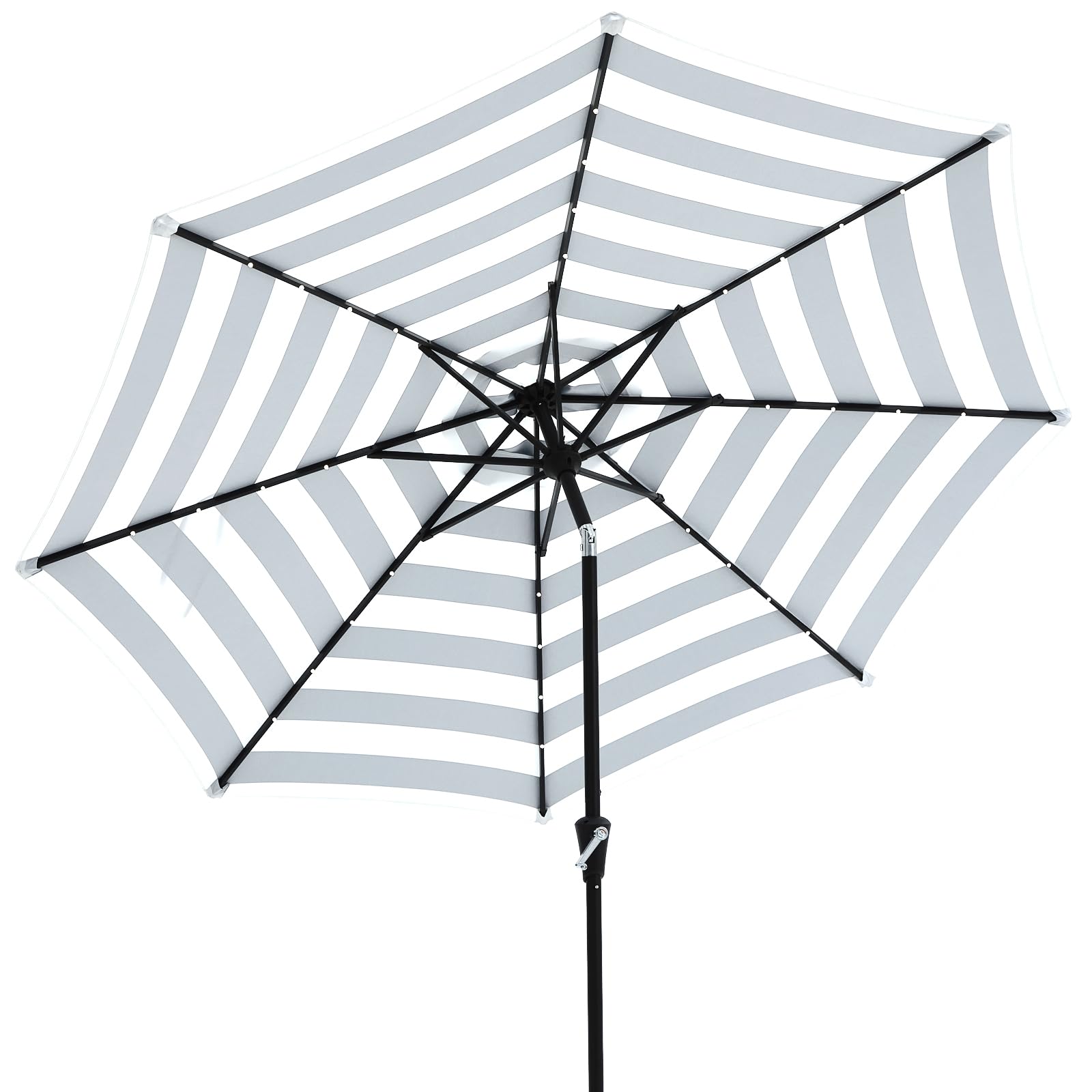 JEAREY black and white stripe umbrella front view showing full canopy and pattern, enhances patio style