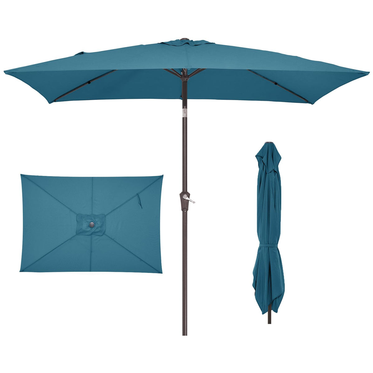 JEAREY front view of lake blue rectangular umbrella showing broad shade