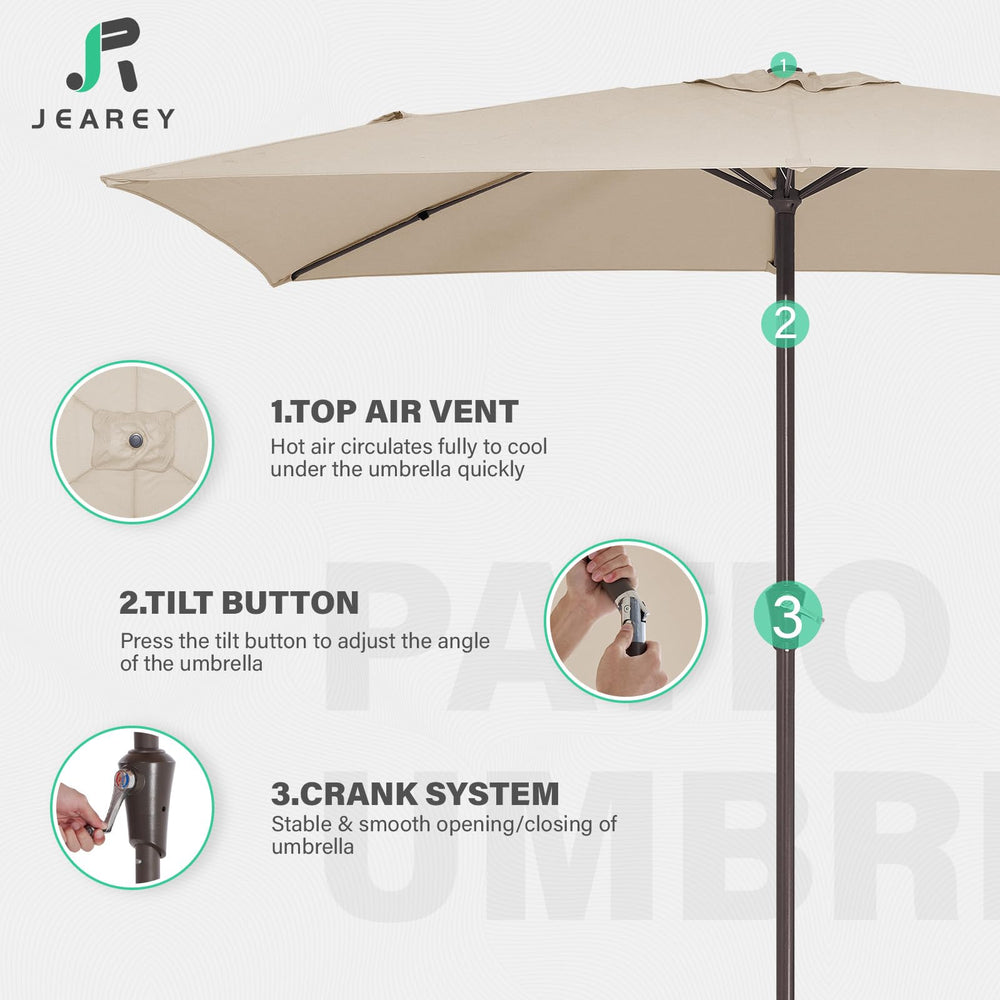 JEAREY umbrella over patio dining set showing practical shade