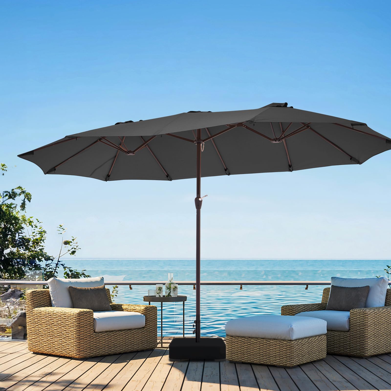 JEAREY umbrella front view showing full 15ft rectangular shade and coverage benefit