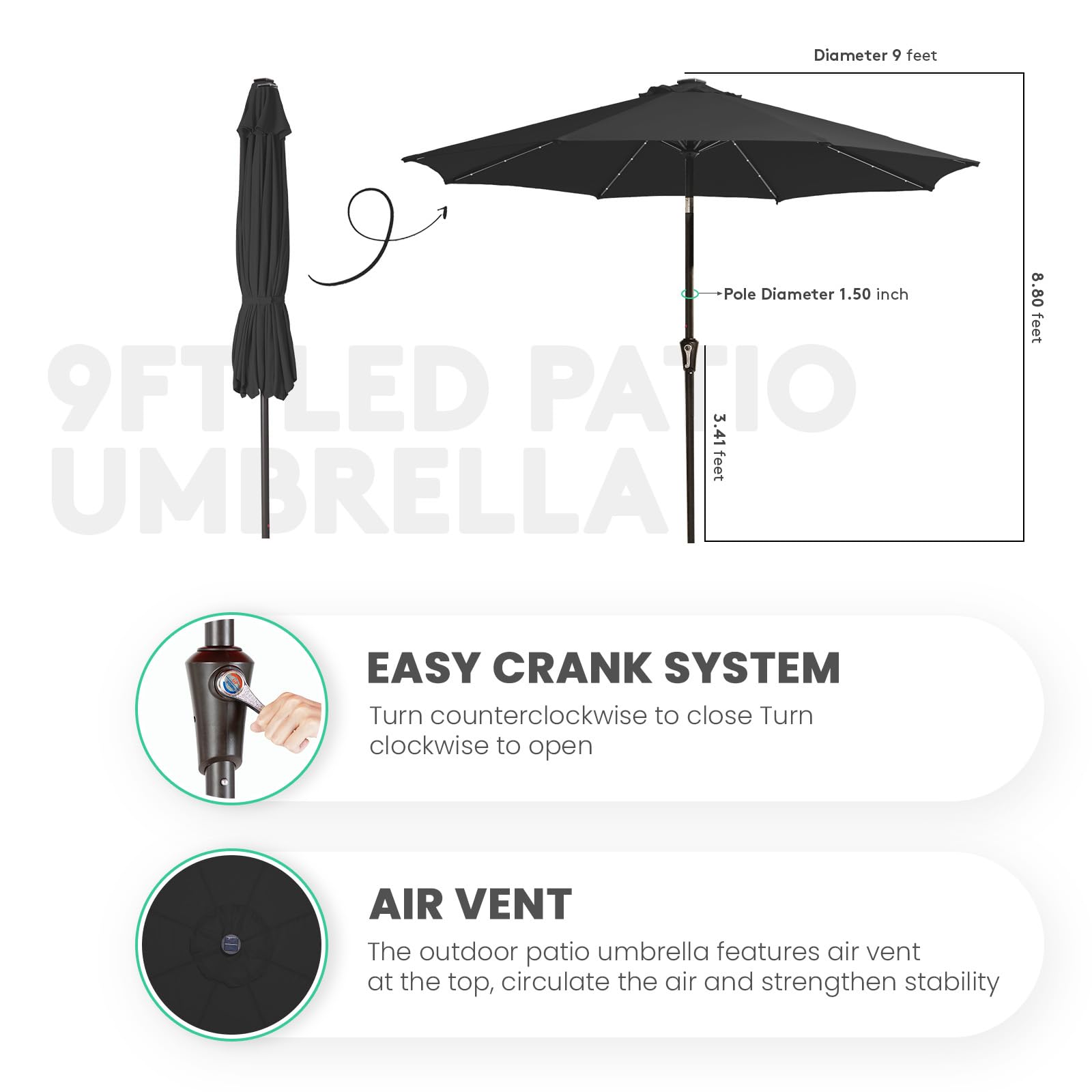 JEAREY pole and ribs detail emphasizing powder-coated rust-resistant structure benefit