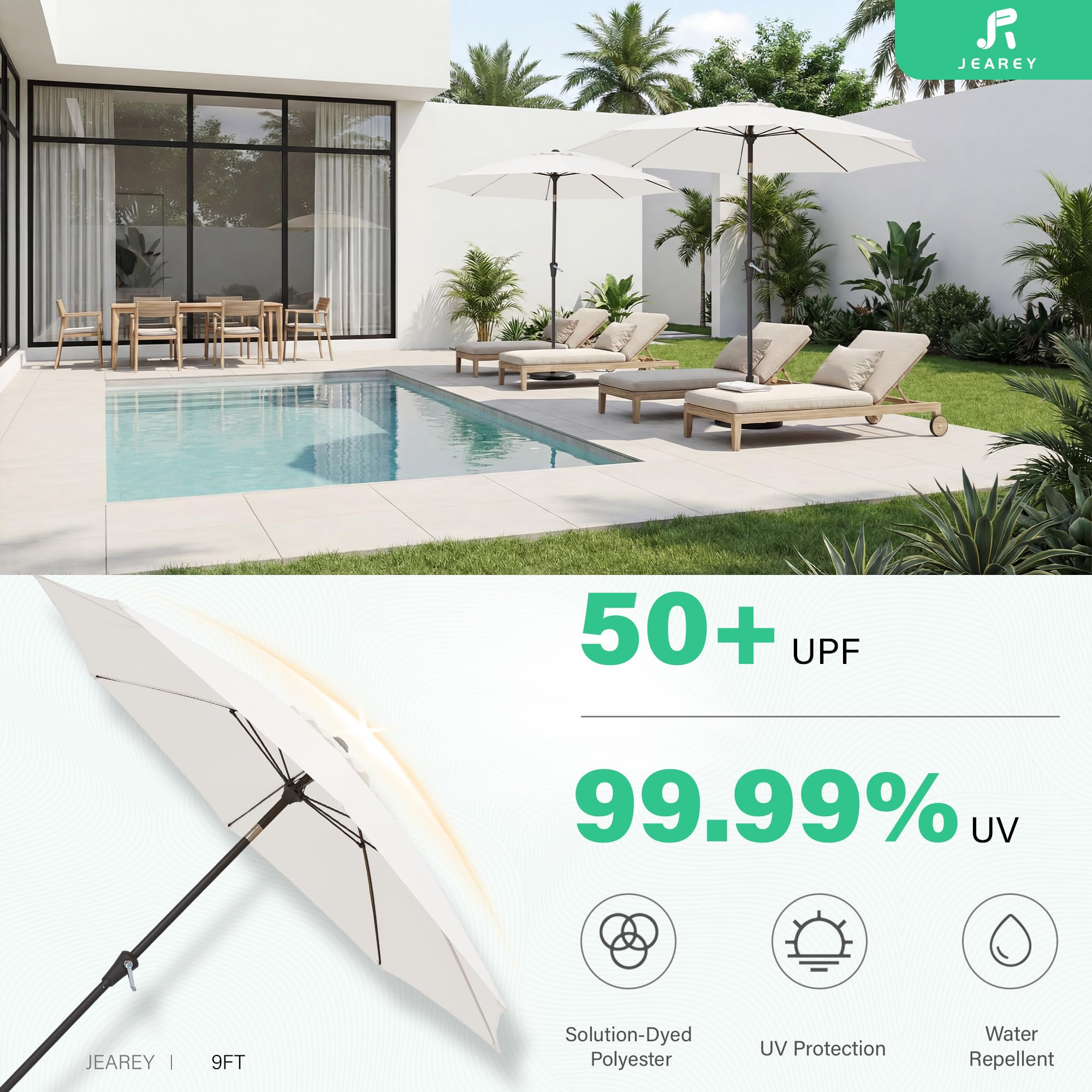 JEAREY poolside umbrella creating shaded lounge area beside pool
