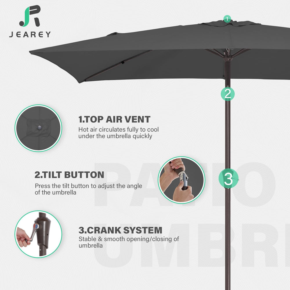 JEAREY umbrella beside chair showing 6.5x10 ft scale for table coverage