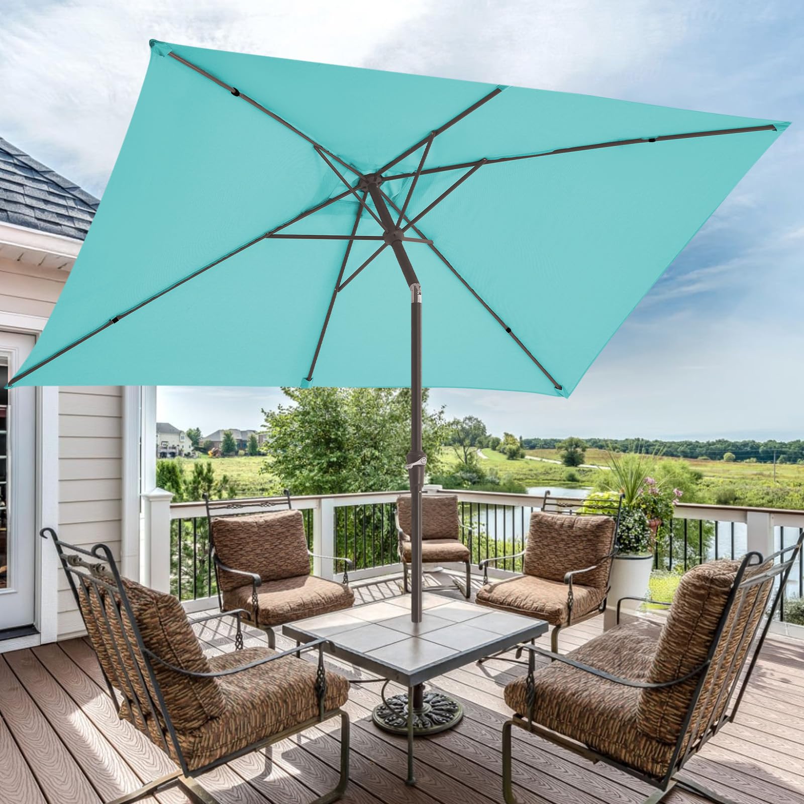 JEAREY umbrella over dining set showing coverage for 4–6 people outdoors