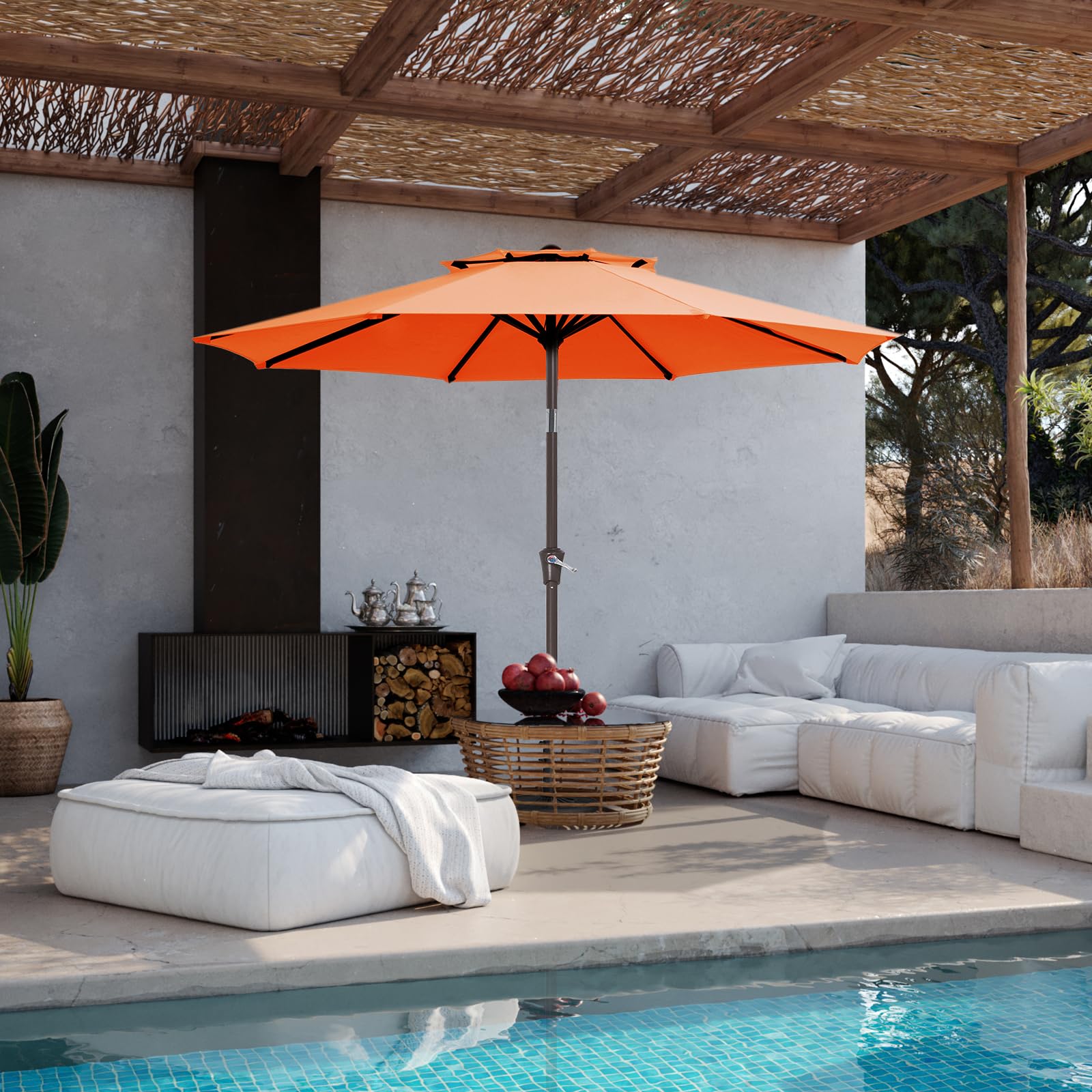 JEAREY umbrella scaled beside patio table to show size and fit