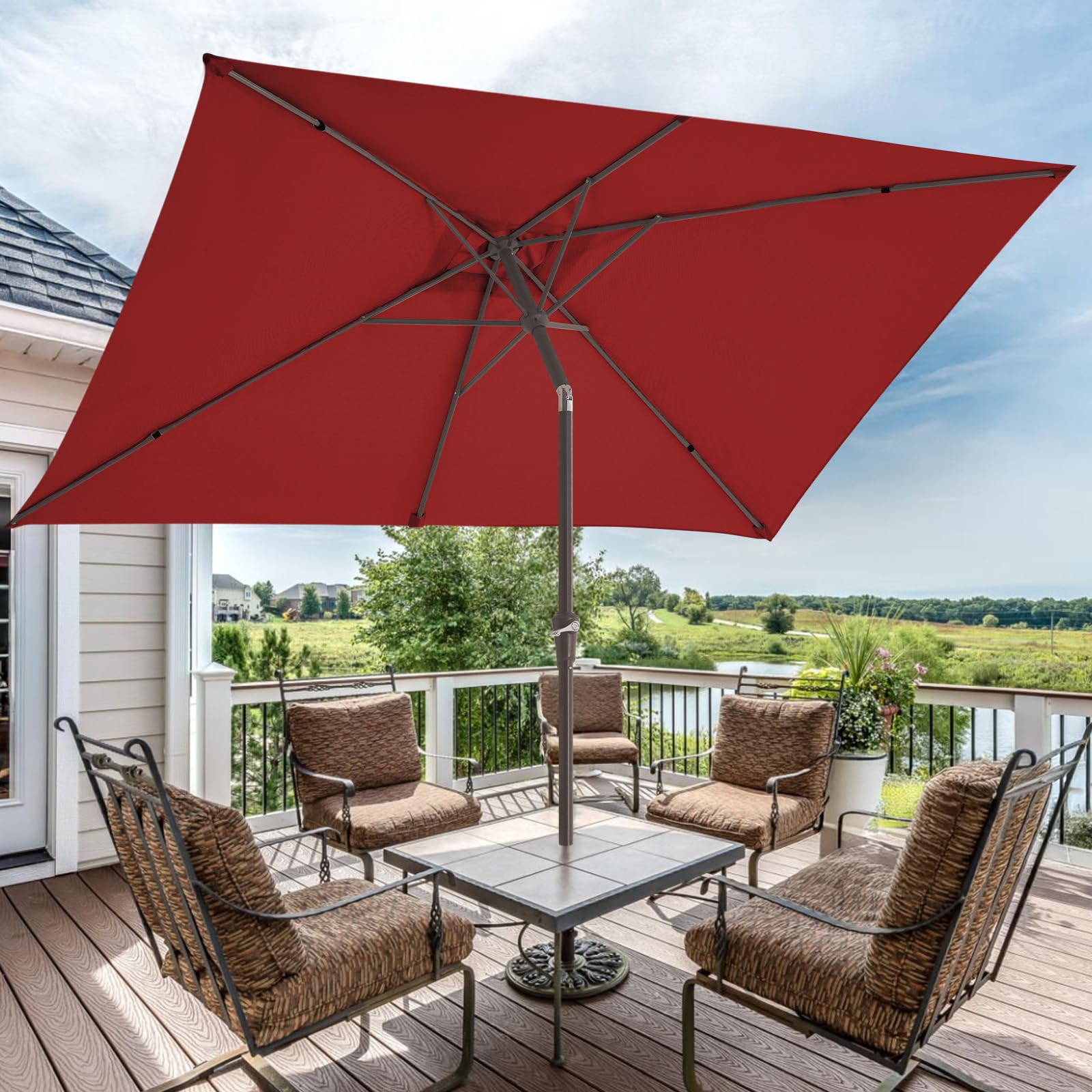 JEAREY umbrella shading a dining table offering comfortable seating