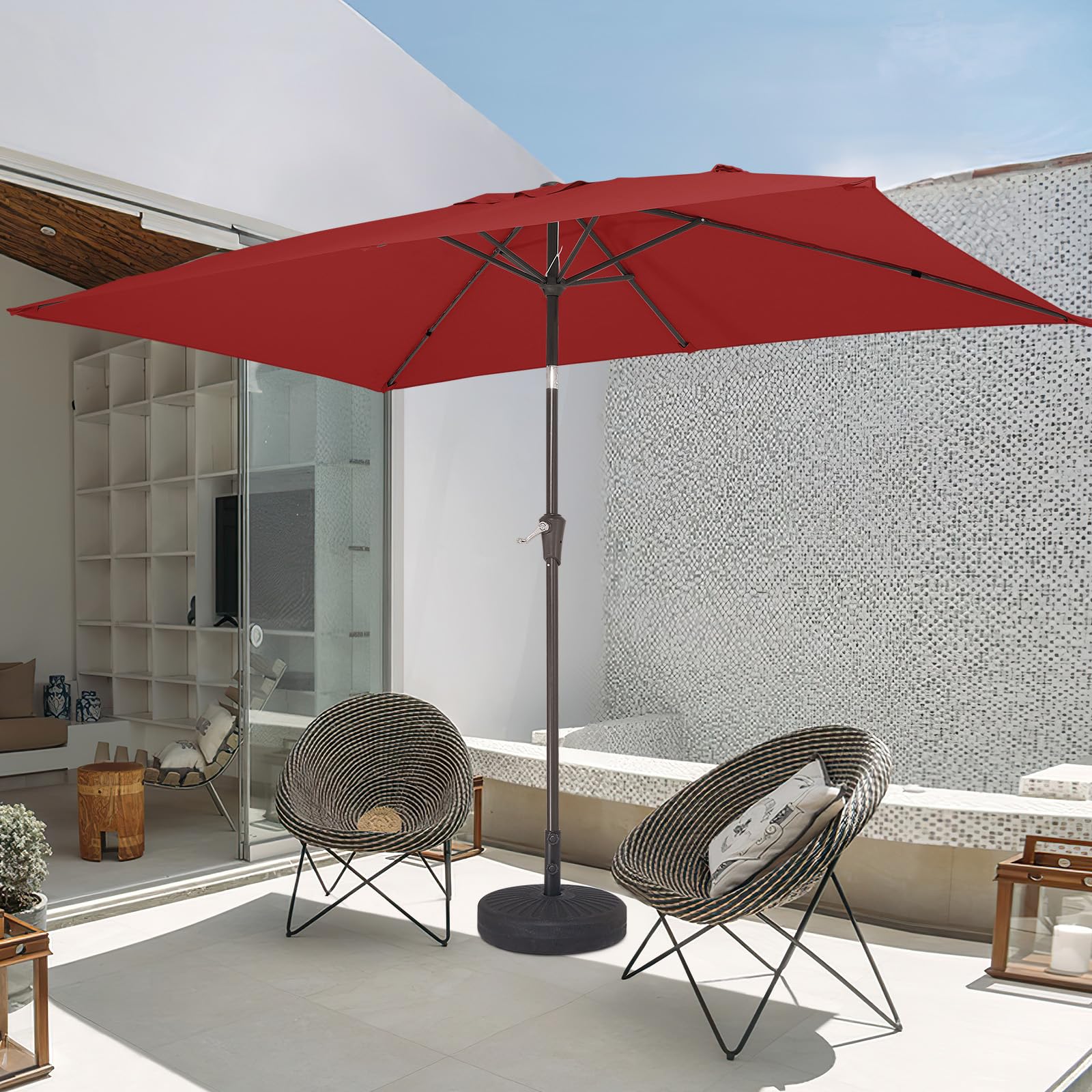 JEAREY umbrella next to chairs showing scale and coverage benefit