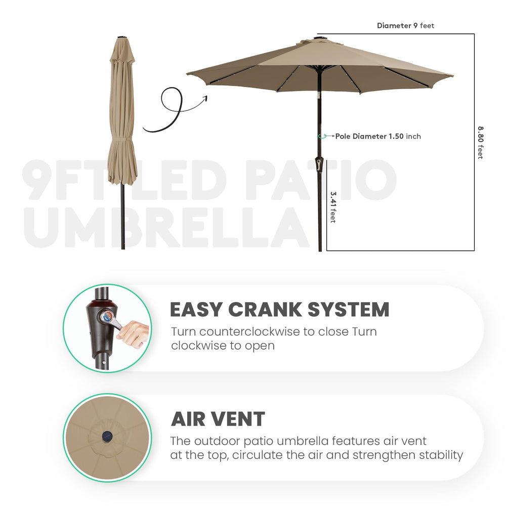 JEAREY 9' umbrella next to table showing coverage for four to six chairs