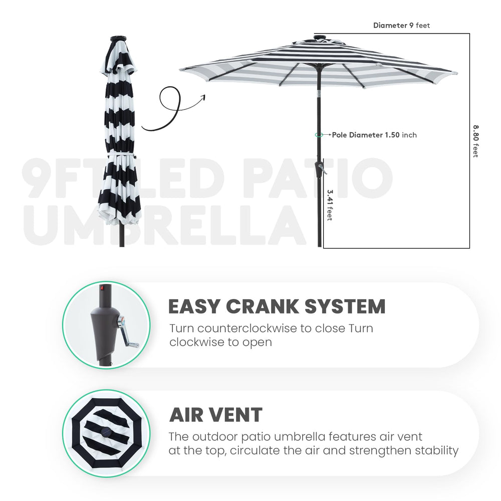 JEAREY umbrella next to 48-inch table showing scale and coverage for four to six chairs