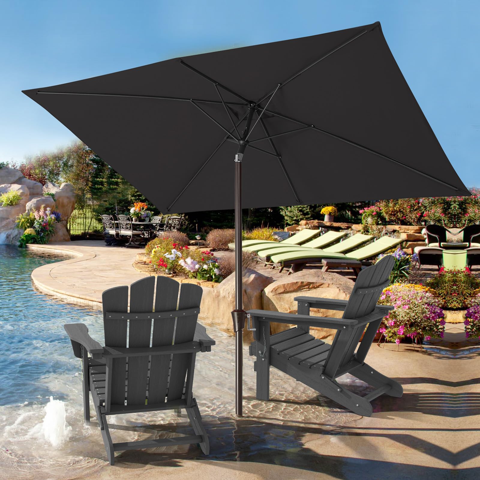 JEAREY umbrella next to chair for scale showing 6.5x10ft coverage area