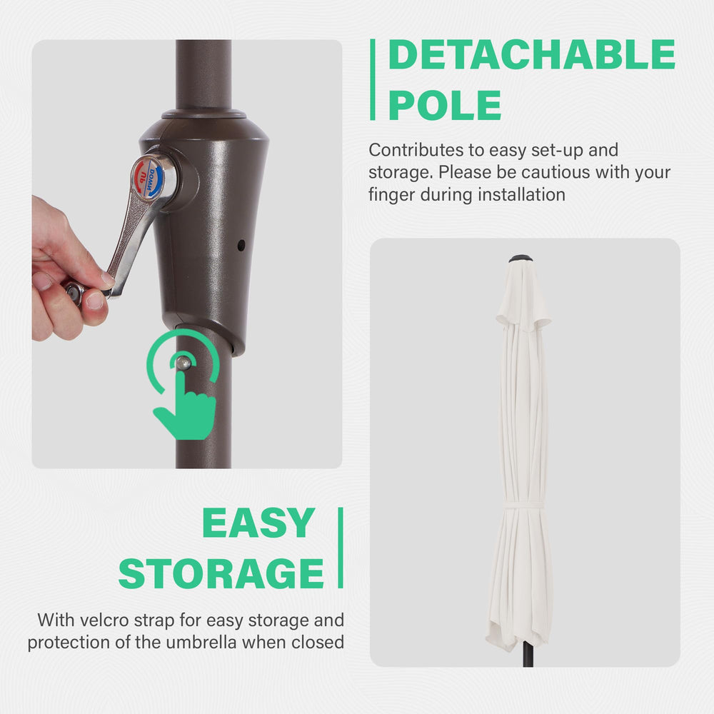 JEAREY umbrella height and coverage shown beside garden chair
