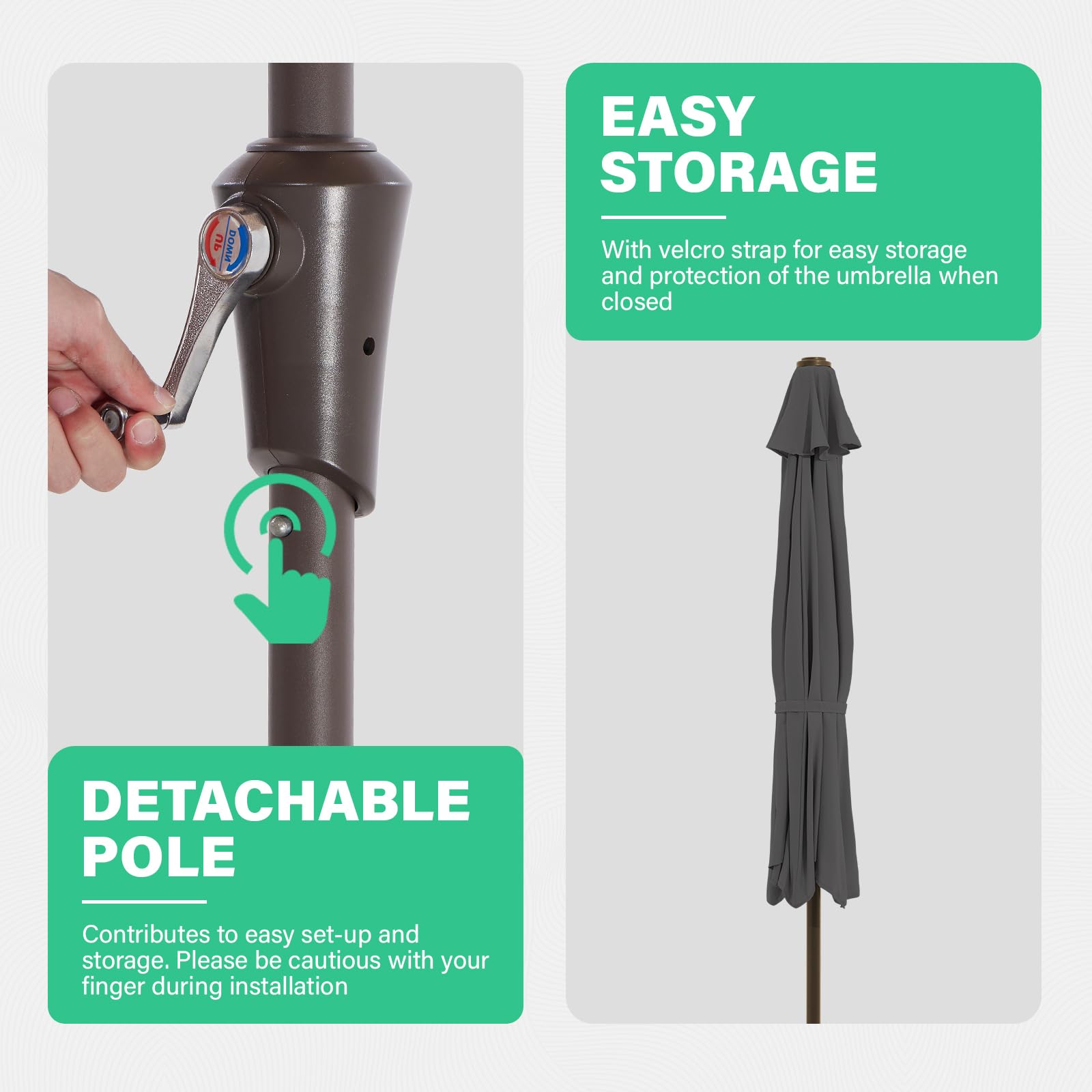 JEAREY umbrella next to chair showing size and coverage for small areas