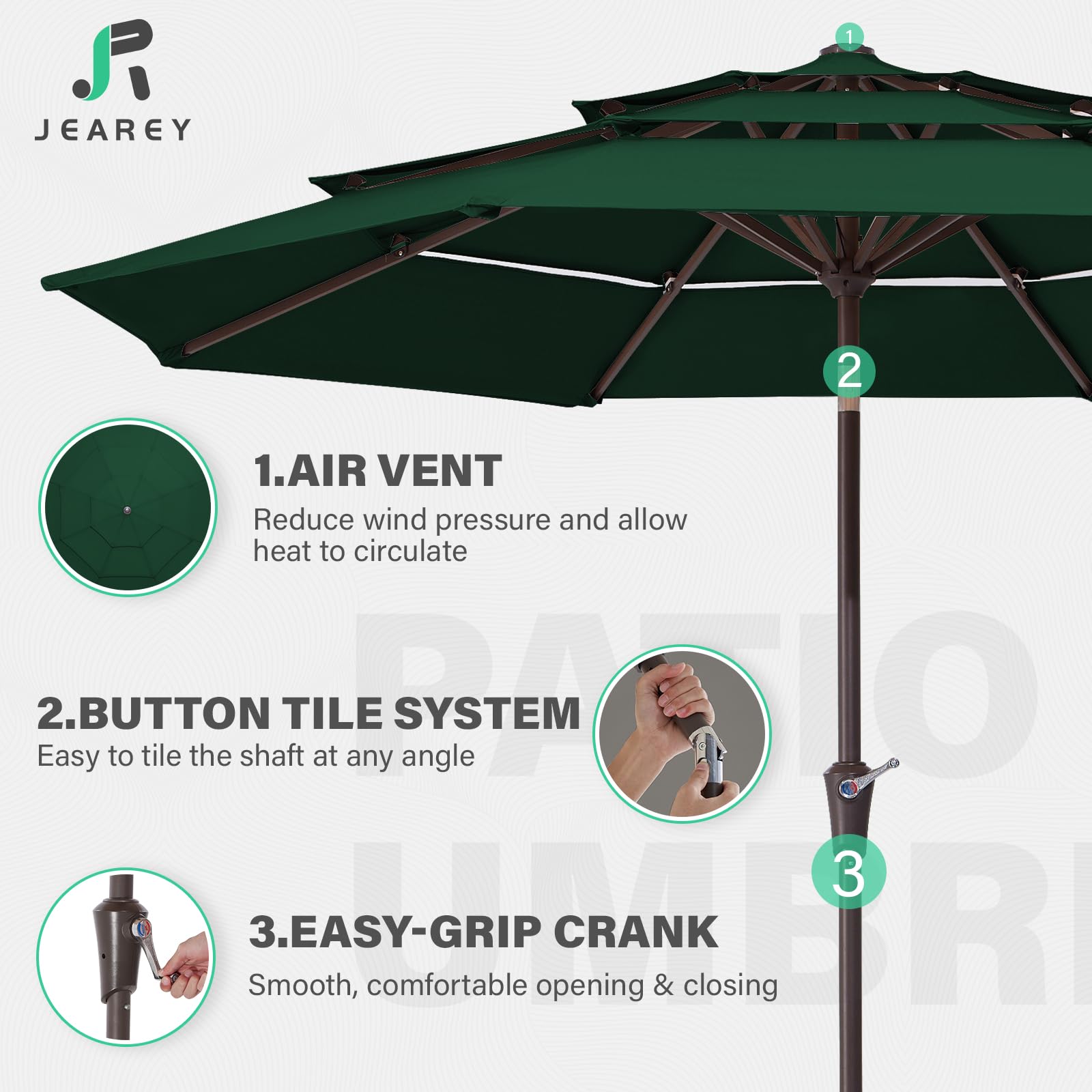 JEAREY three-tier vent top closeup improving airflow and stability in breezy weather