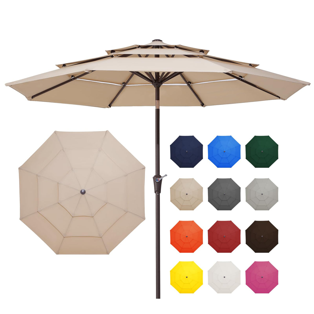 JEAREY front view of 9ft umbrella showing full beige canopy and coverage benefit