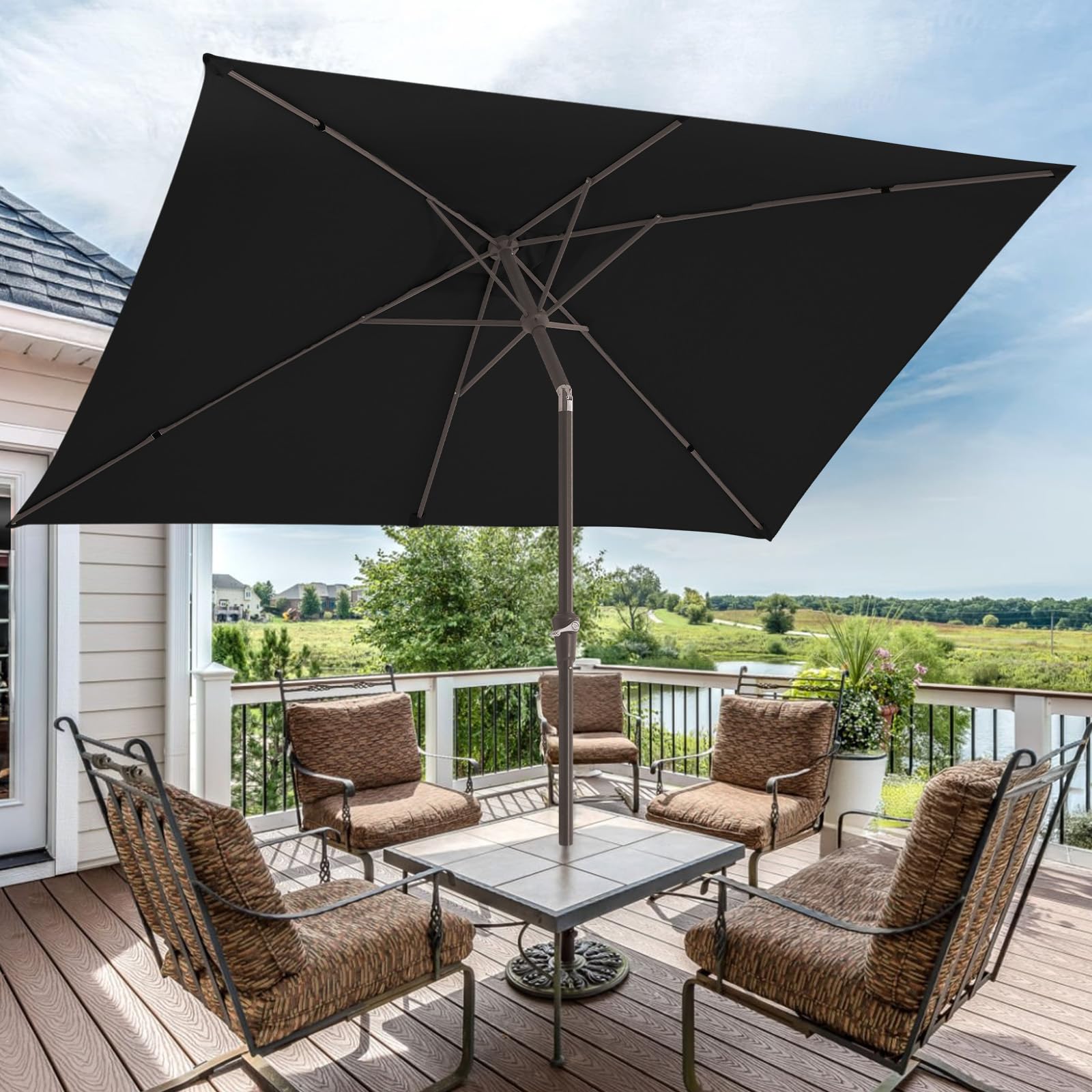 JEAREY umbrella in use over patio dining set for shaded outdoor meals