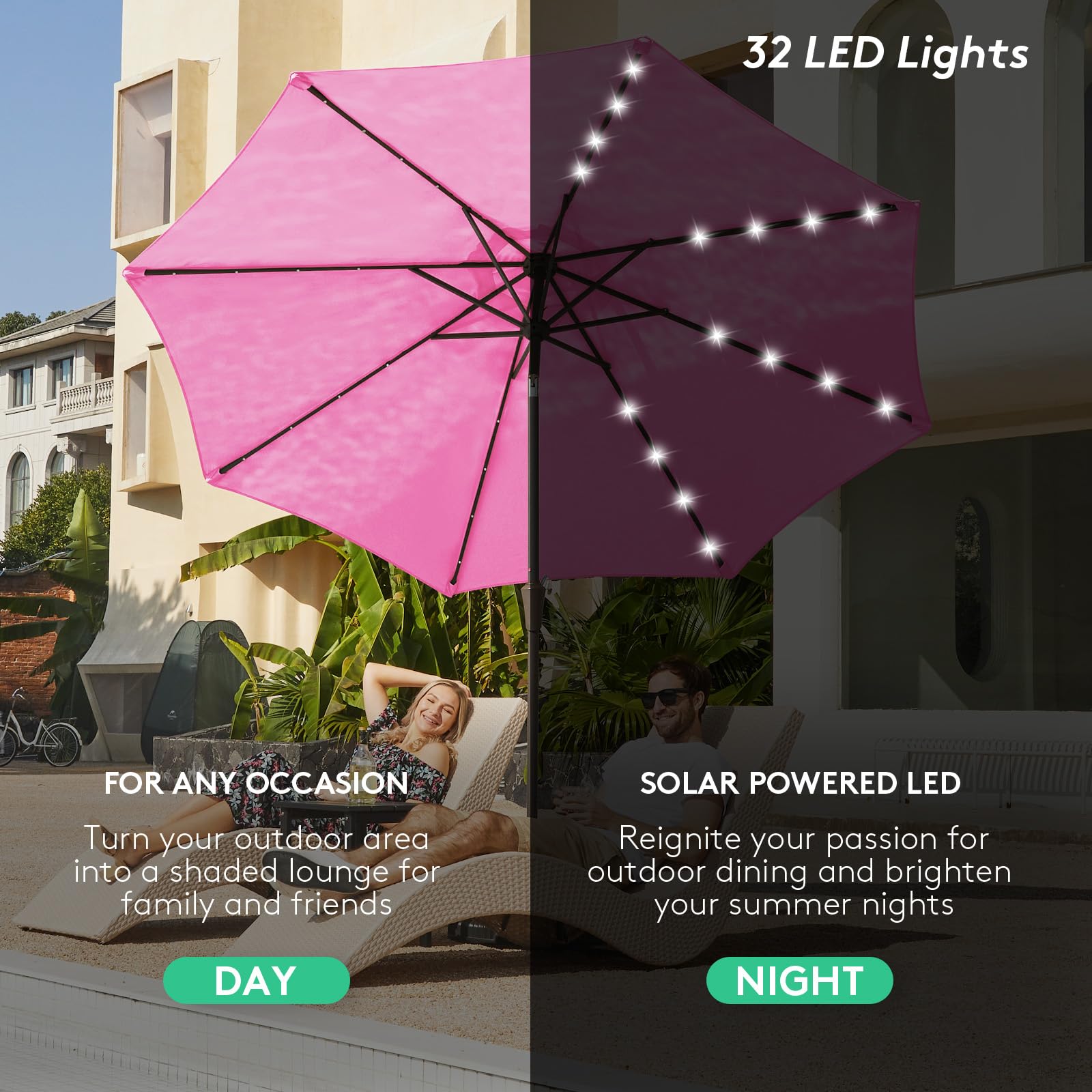 JEAREY umbrella LEDs lit at night creating soft ambient poolside lighting