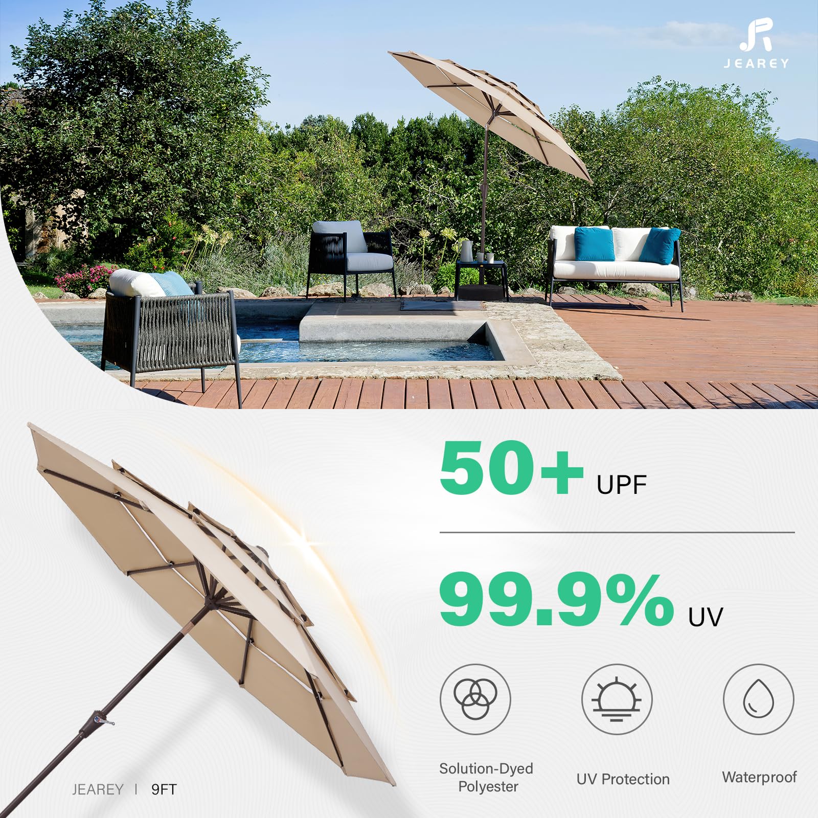 JEAREY umbrella providing poolside shade for cooler outdoor comfort benefit
