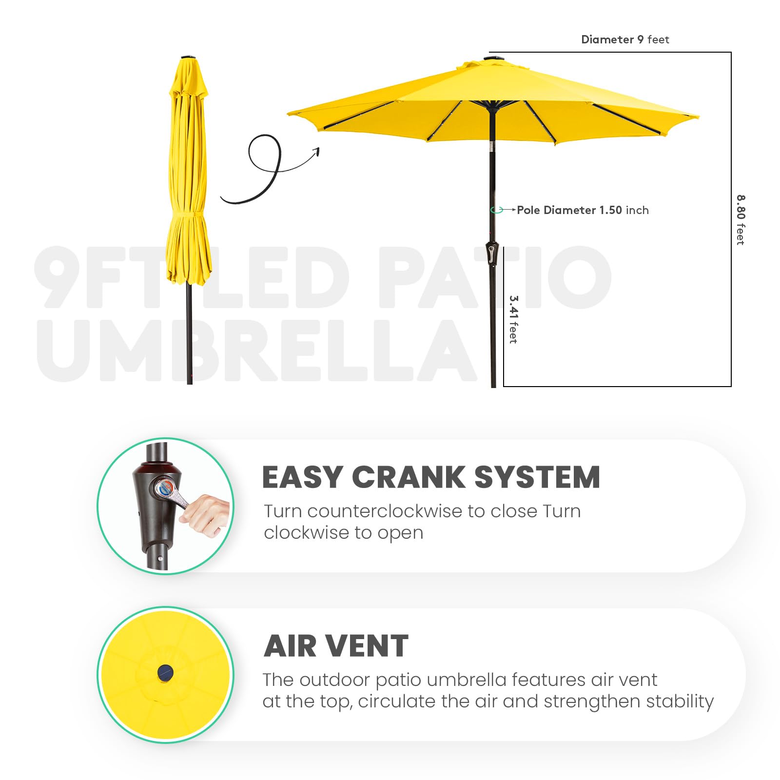 JEAREY umbrella positioned over patio table showing wide coverage for dining