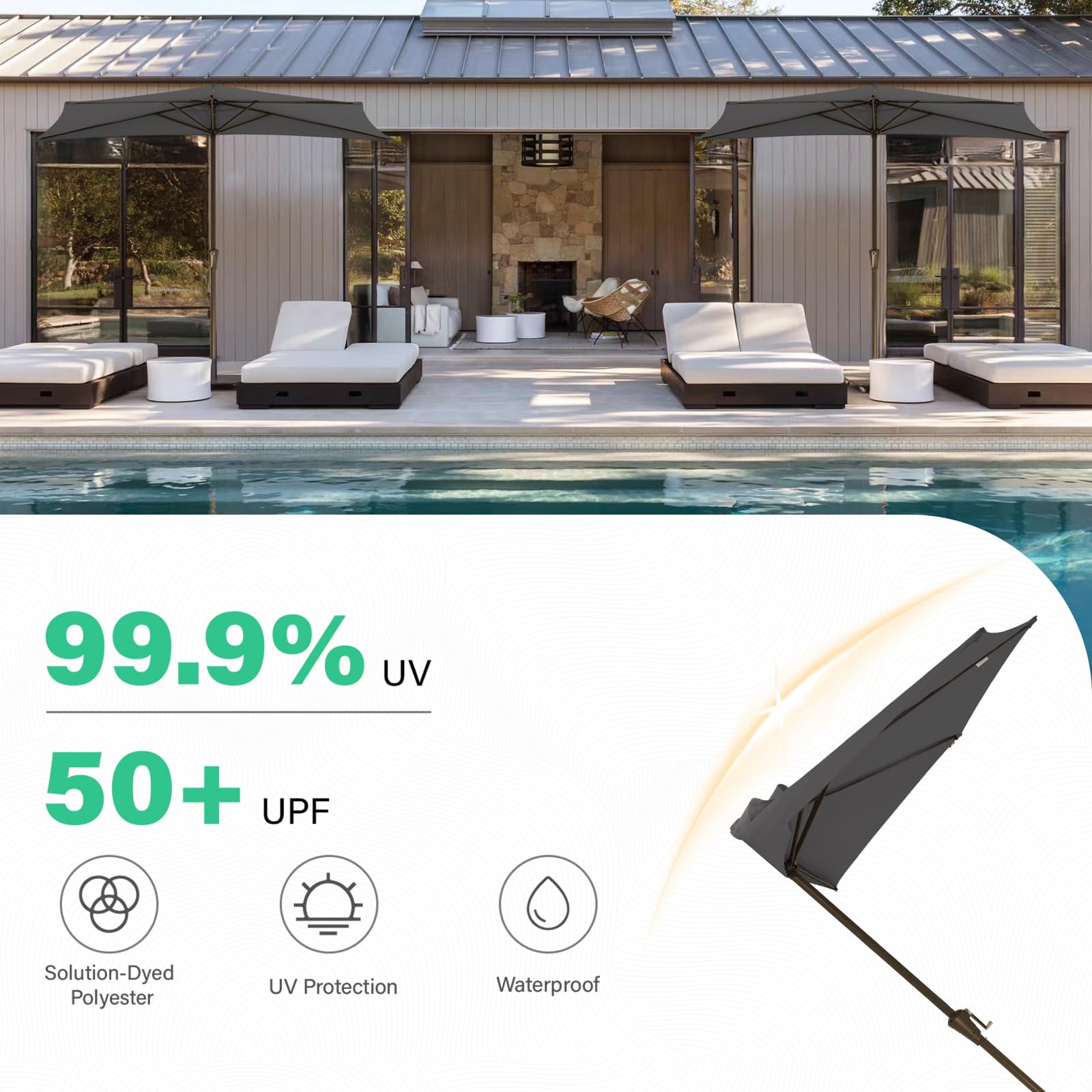 JEAREY umbrella by poolside offering targeted sun protection and comfort