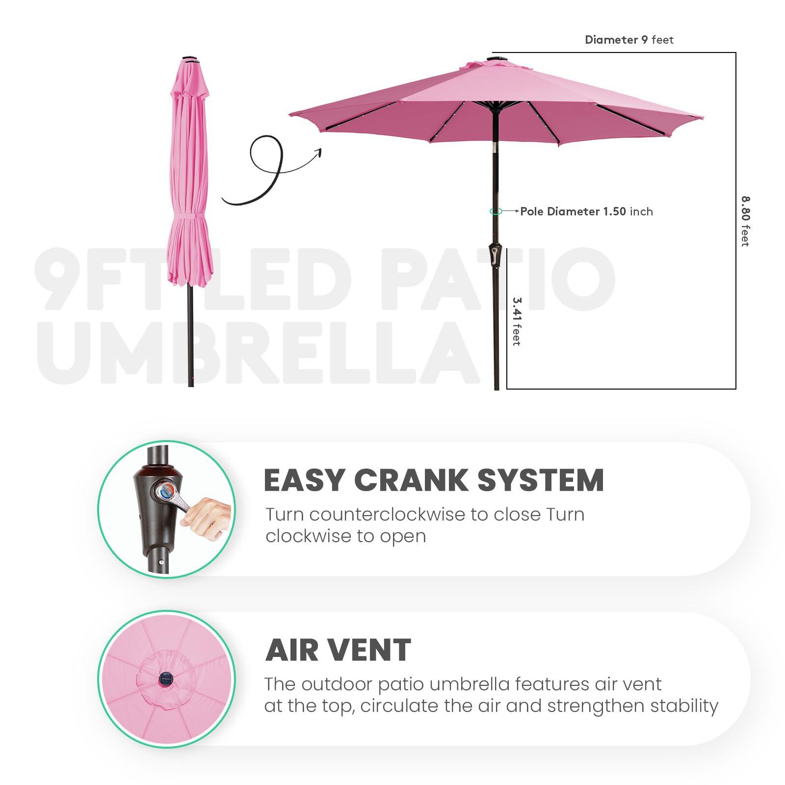 JEAREY umbrella ribs and pole construction showing sturdy rust-resistant support