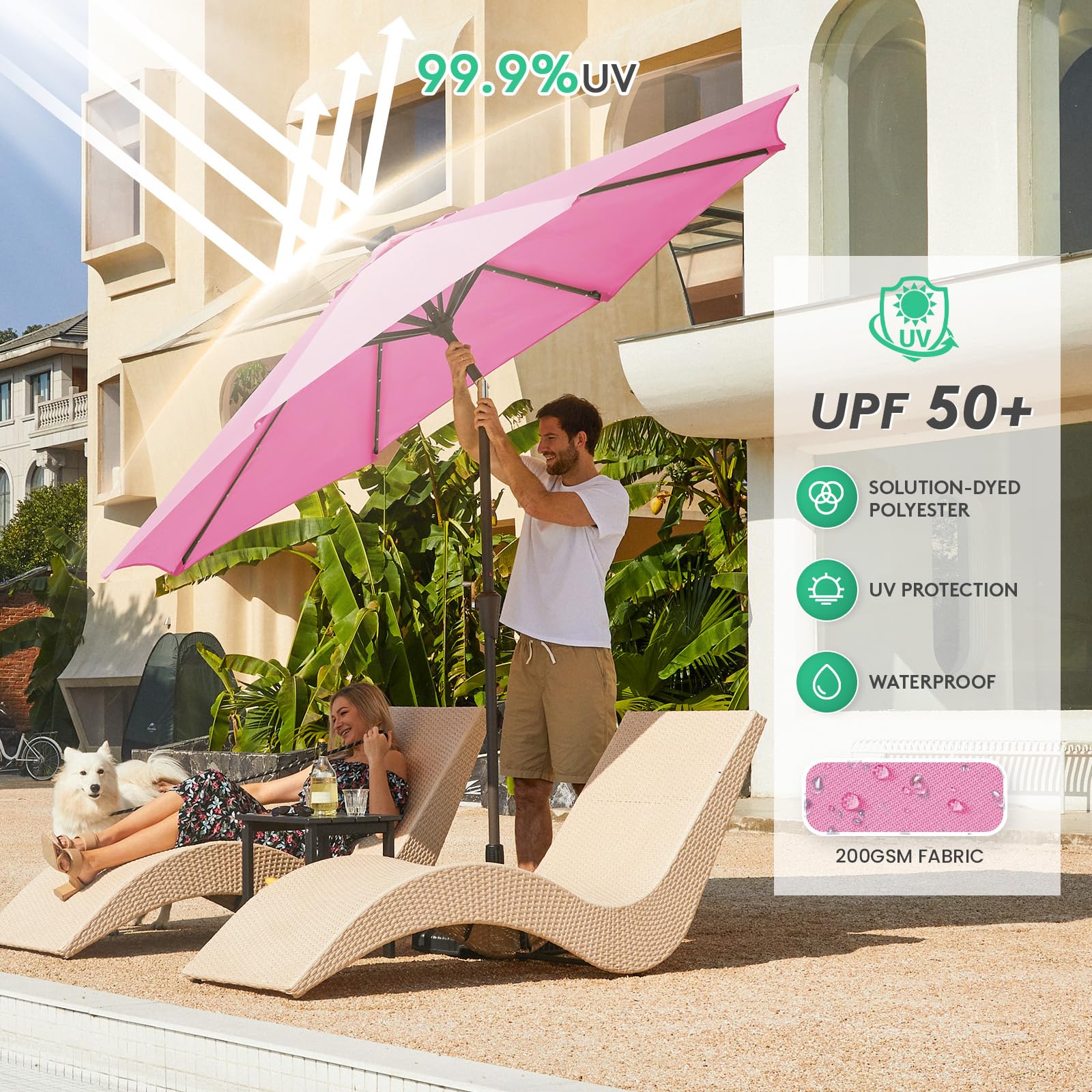 JEAREY umbrella beside dining set illustrating coverage for 42–54 inch tables