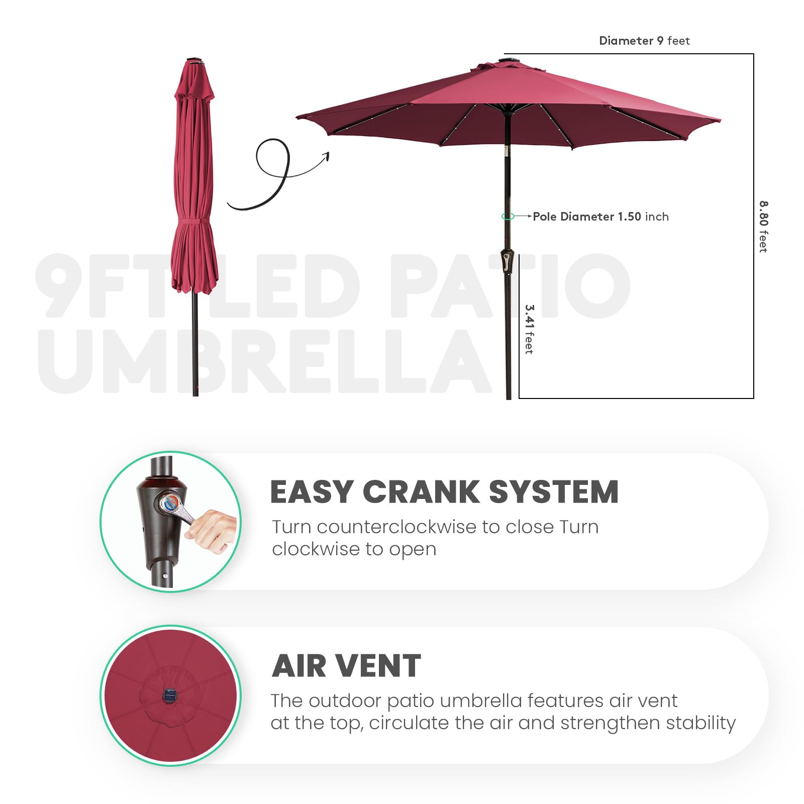 JEAREY umbrella next to chairs showing scale for 42–54 inch tables benefit