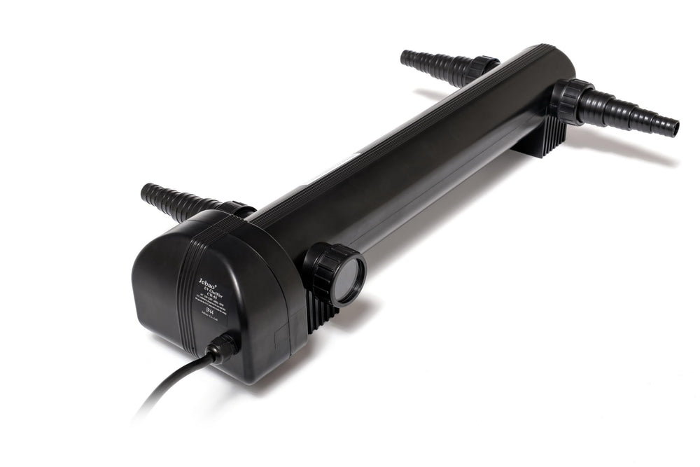 Jebao CW-55 mounted in-line with pond plumbing, improves water clarity without submersion