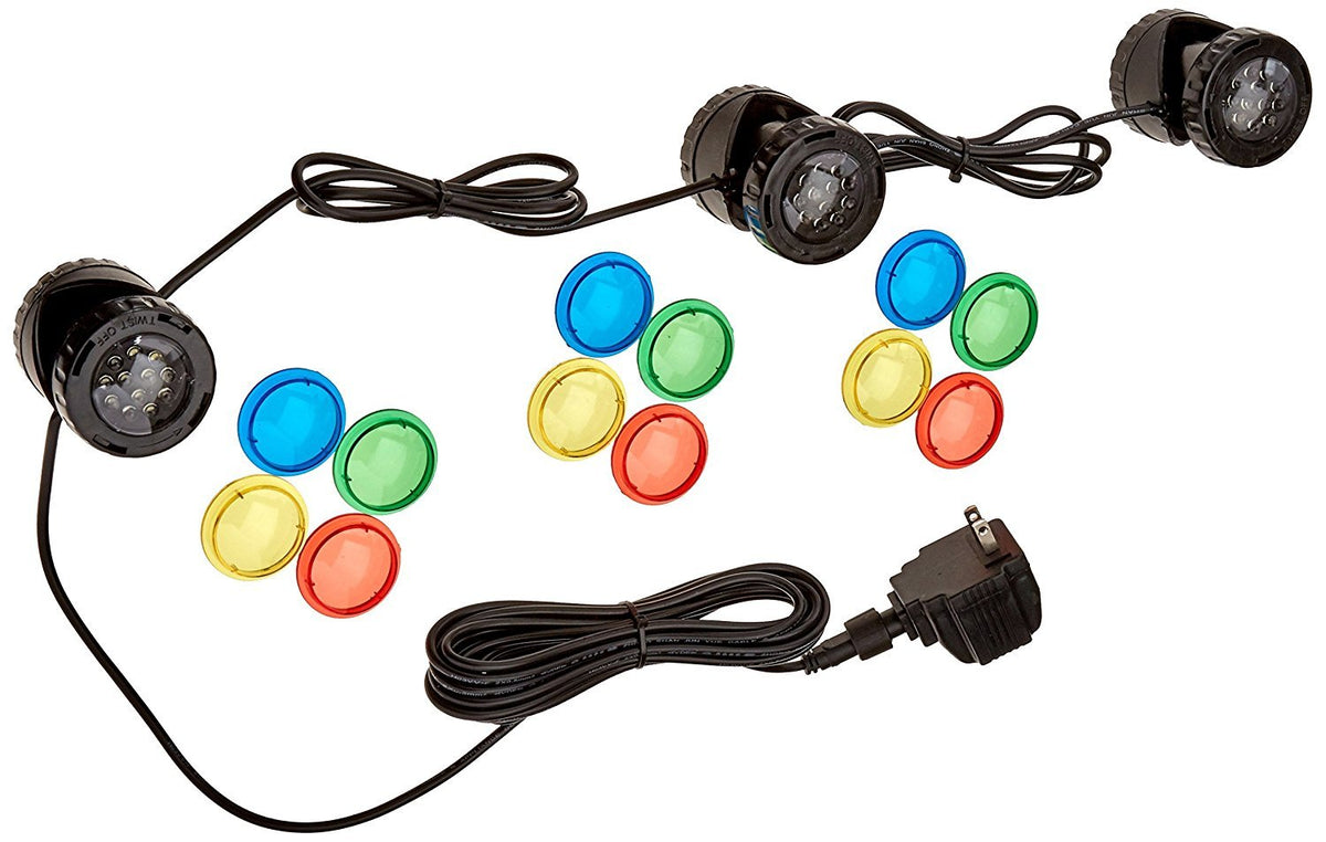 Jebao front view of set of three submersible pond lights showing full kit benefits
