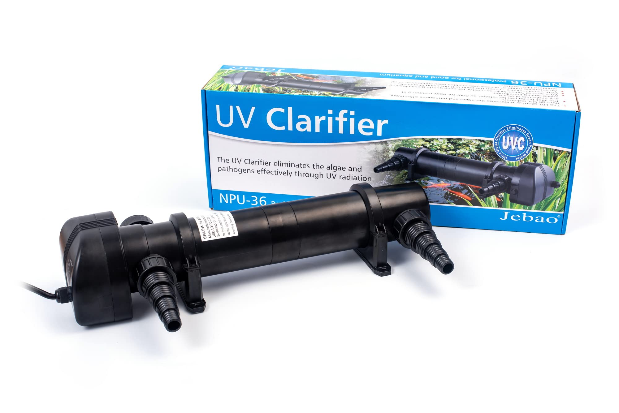 Jebao NPU clarifier front view showing compact weather-resistant housing and quick install