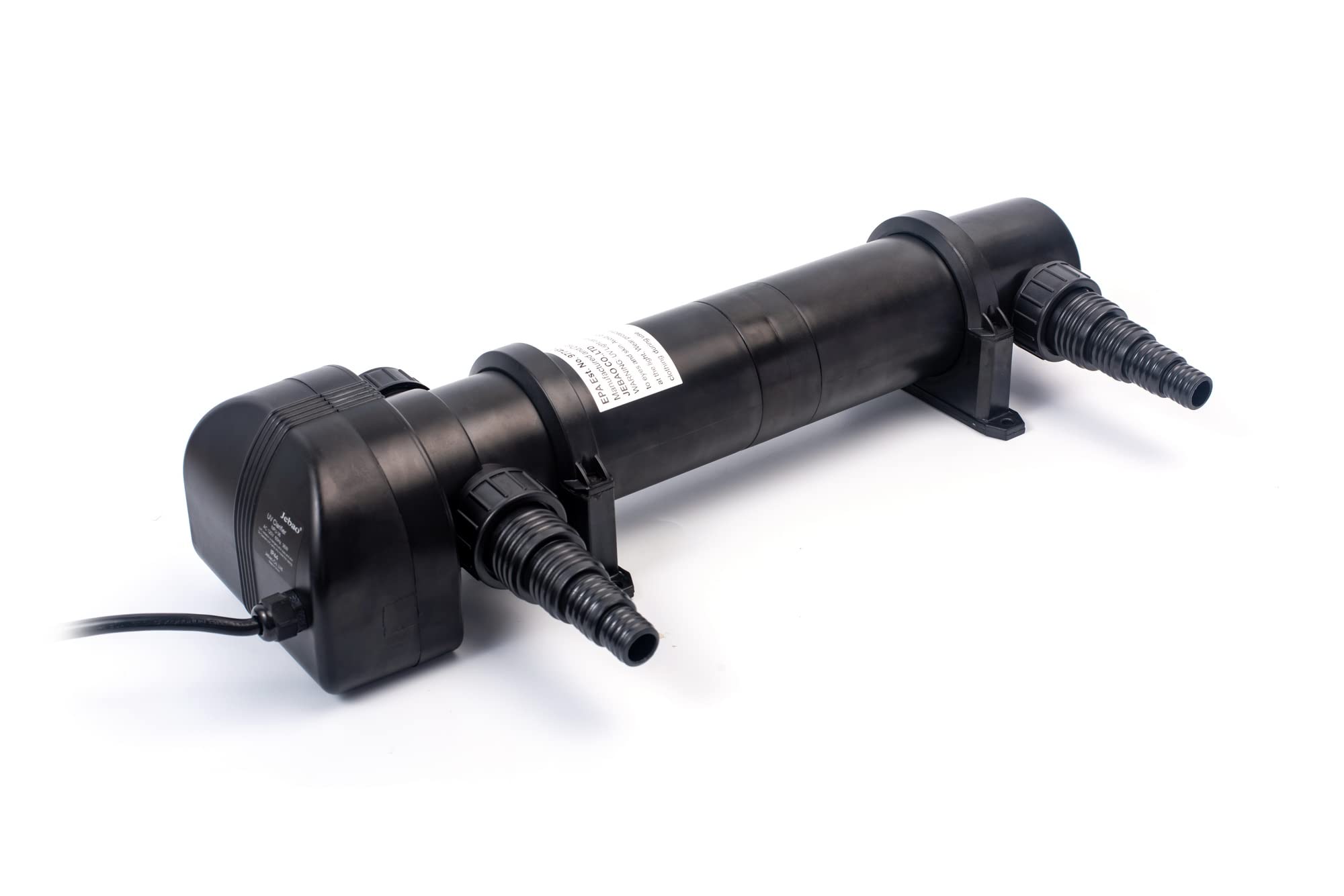 Jebao NPU in-line with pond pump demonstrating external installation and clear water benefit