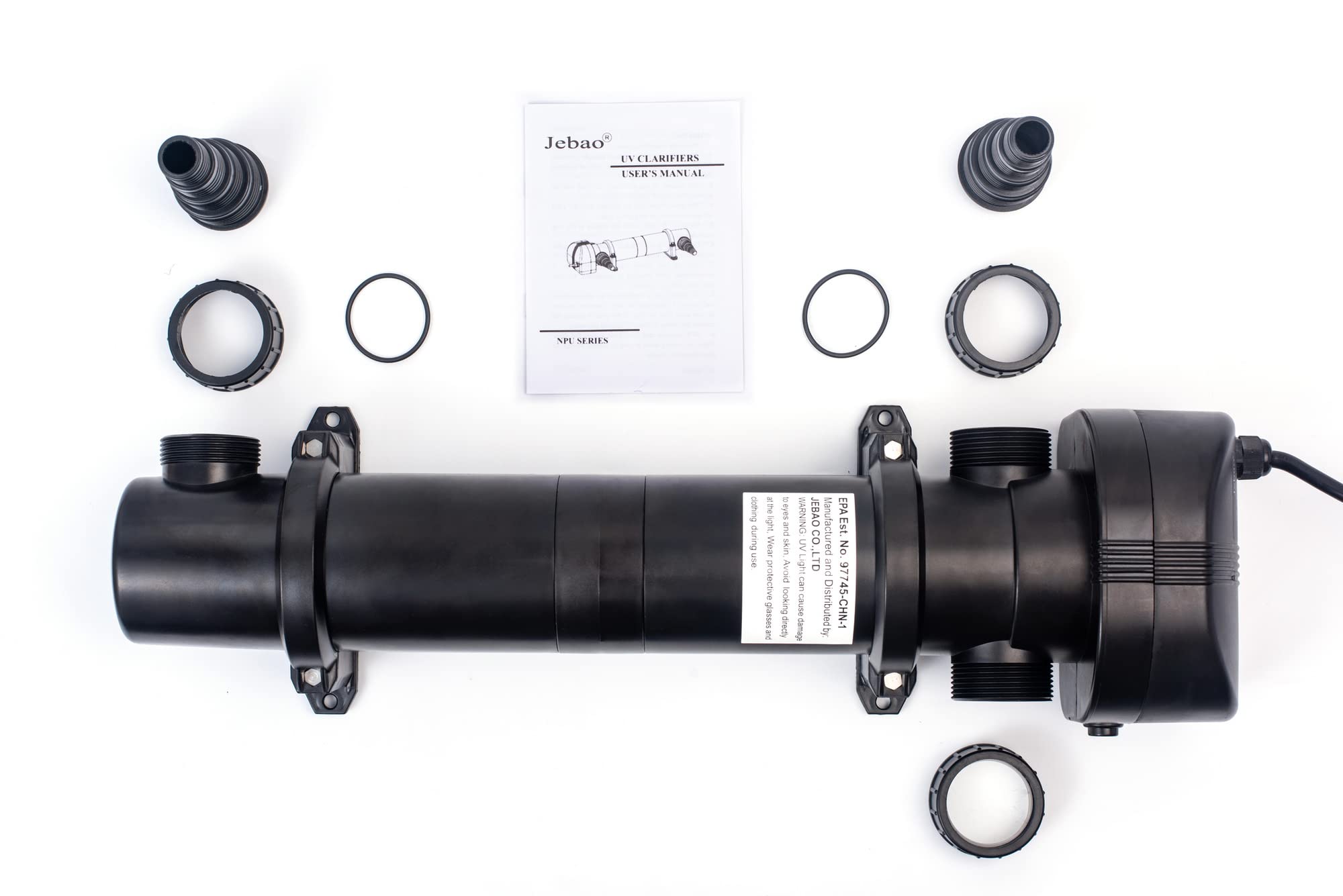 Jebao NPU beside measuring tape illustrating compact size for easy pond-system integration