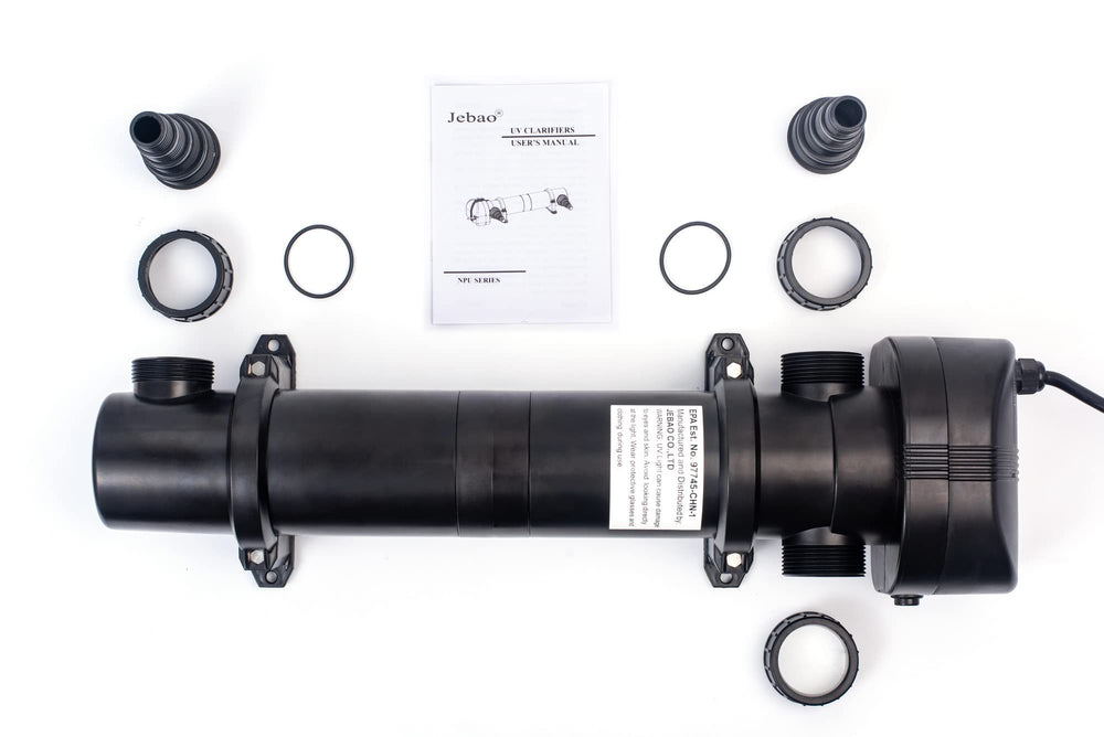 Jebao NPU beside measuring tape illustrating compact size for easy pond-system integration
