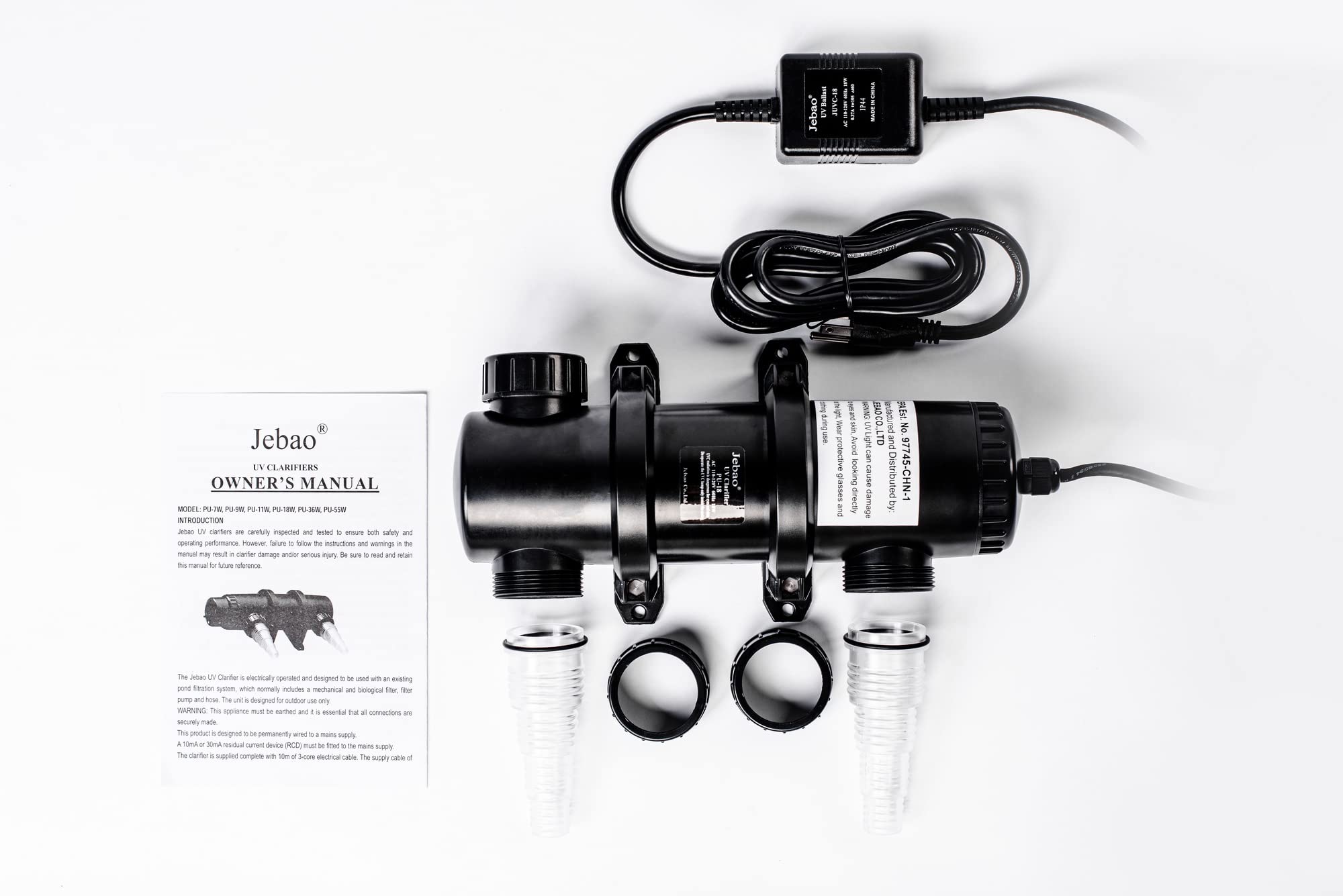 Jebao PU-18 next to ruler showing compact size for space-saving pond setups